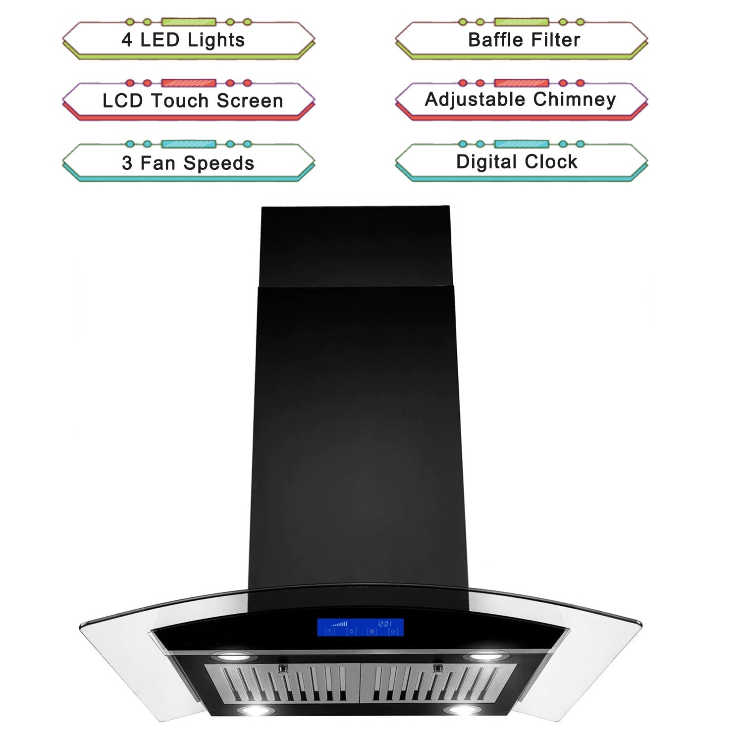 30 inch Stainless Steel Kitchen Island Range Hood 900CFM Tempered Glass 3 Speed Black LEDs - Divine Heart L.A.