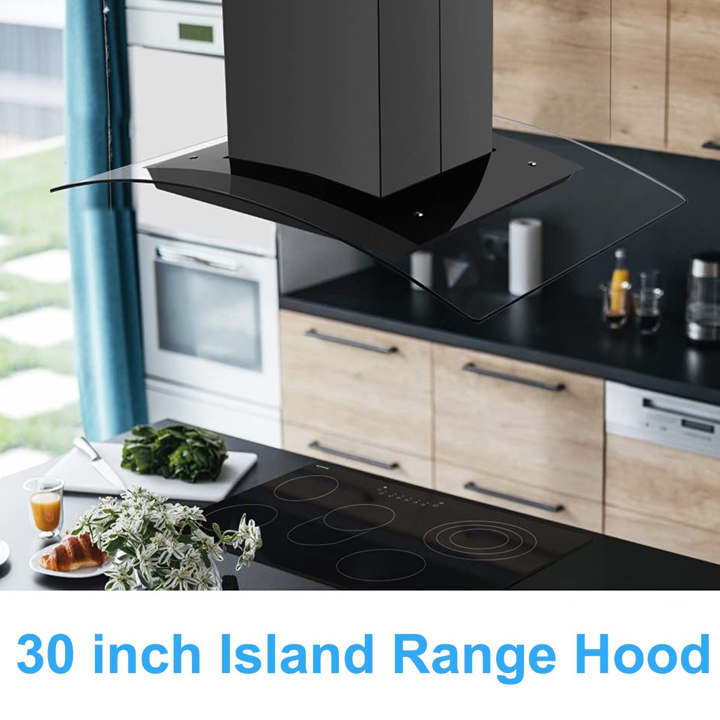 30 inch Stainless Steel Kitchen Island Range Hood 900CFM Tempered Glass 3 Speed Black LEDs - Divine Heart L.A.