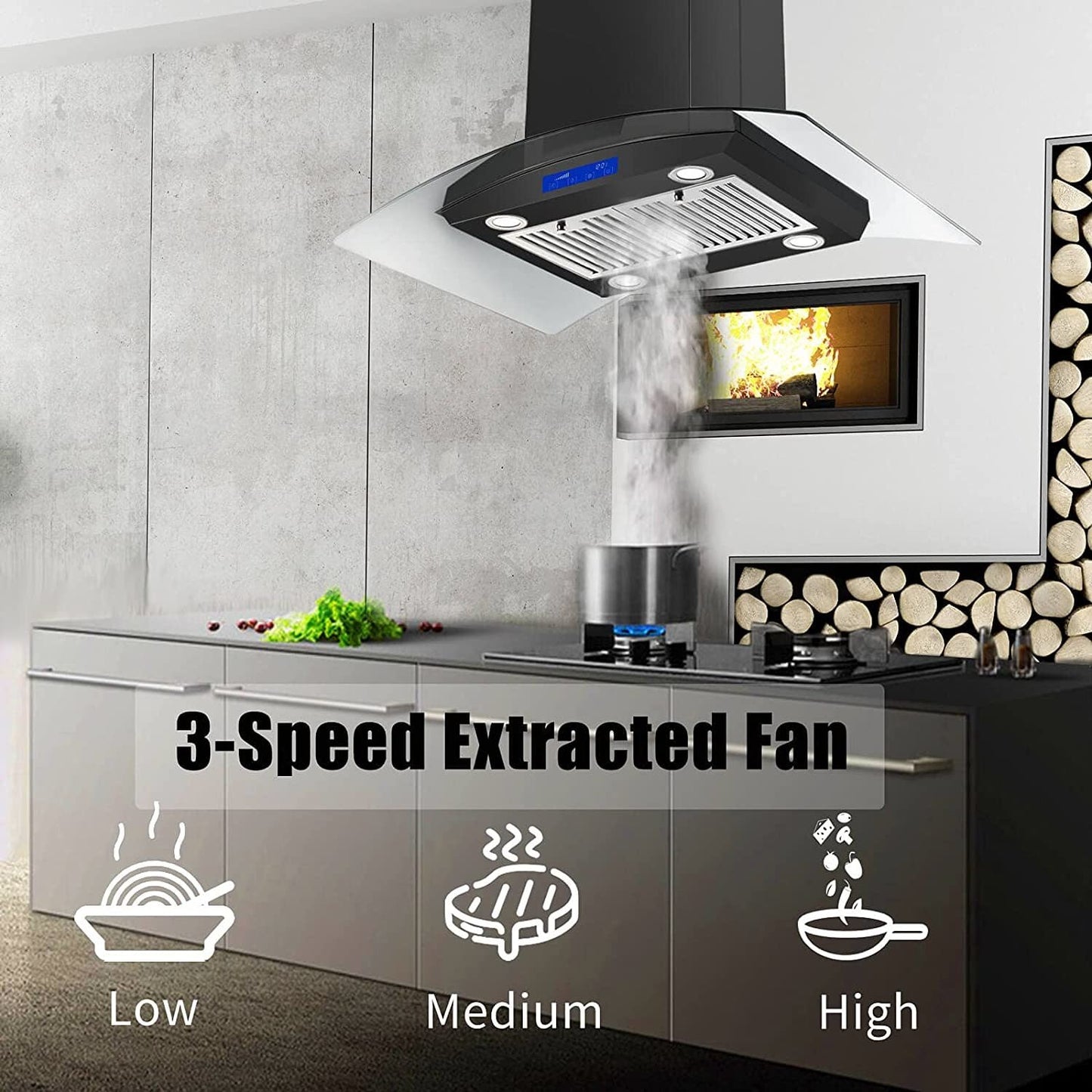 30 inch Stainless Steel Kitchen Island Range Hood 900CFM Tempered Glass 3 Speed Black LEDs - Divine Heart L.A.