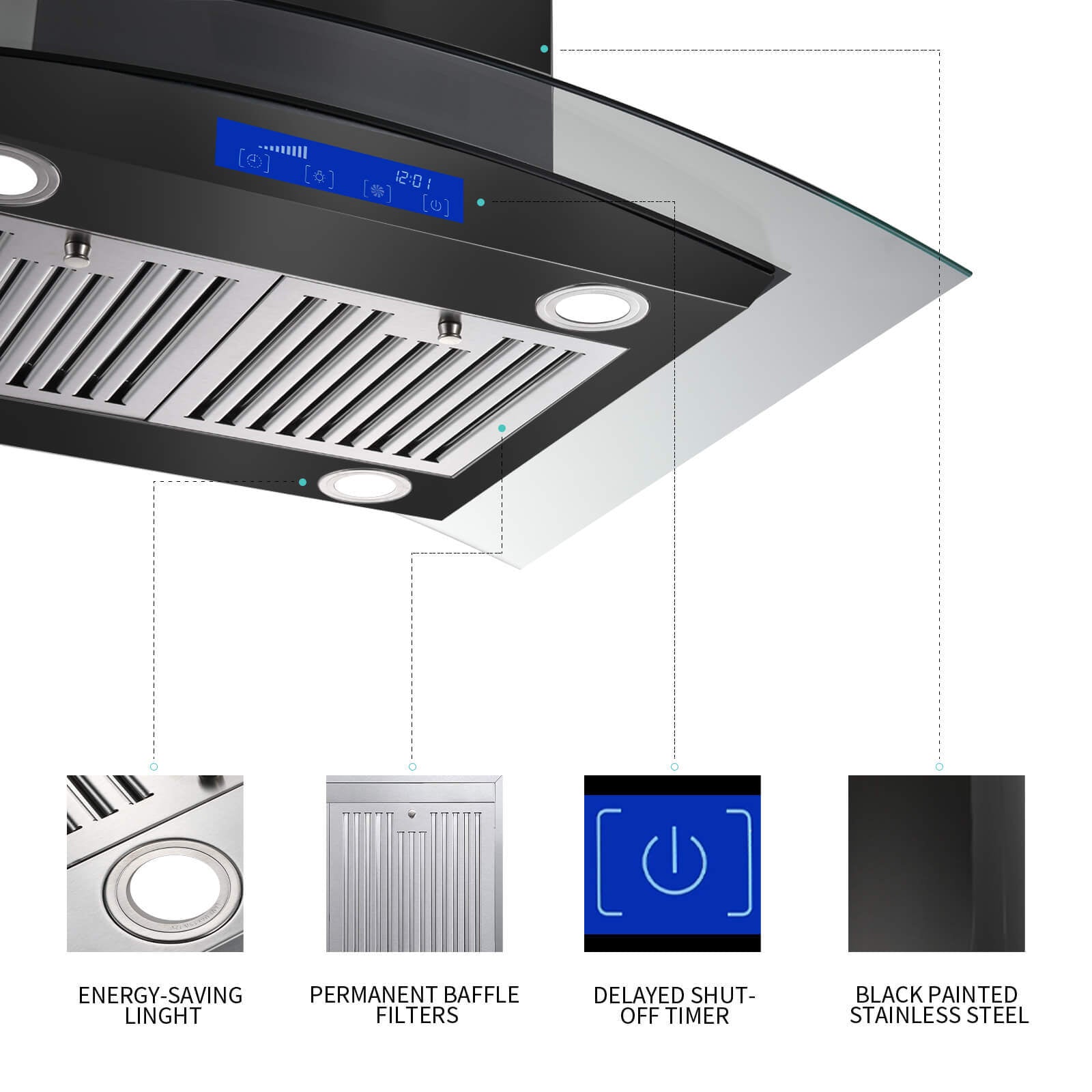 30 inch Stainless Steel Kitchen Island Range Hood 900CFM Tempered Glass 3 Speed Black LEDs - Divine Heart L.A.