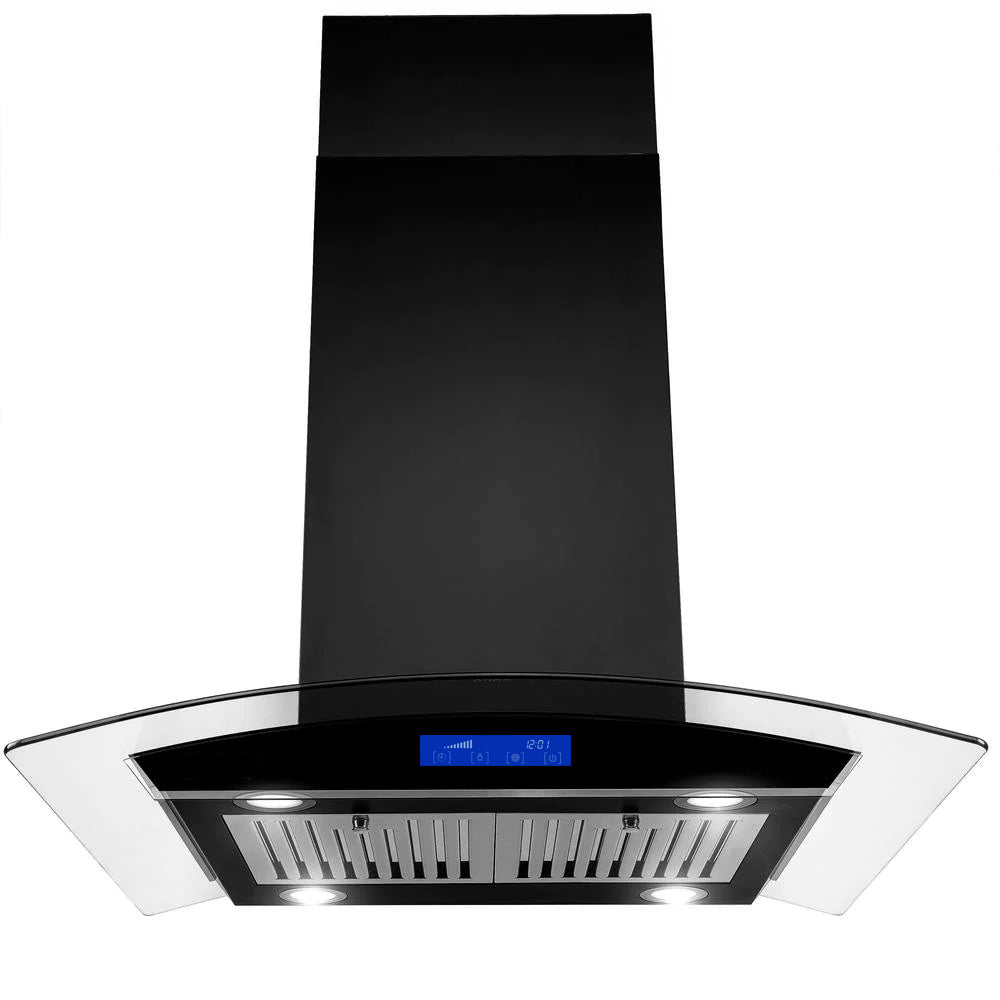 30 inch Stainless Steel Kitchen Island Range Hood 900CFM Tempered Glass 3 Speed Black LEDs - Divine Heart L.A.