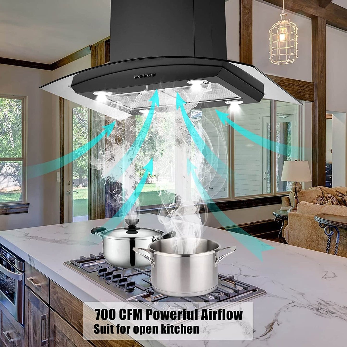 30 inch Stainless Steel Kitchen Island Range Hood 900CFM Tempered Glass 3 Speed Black LEDs - Divine Heart L.A.