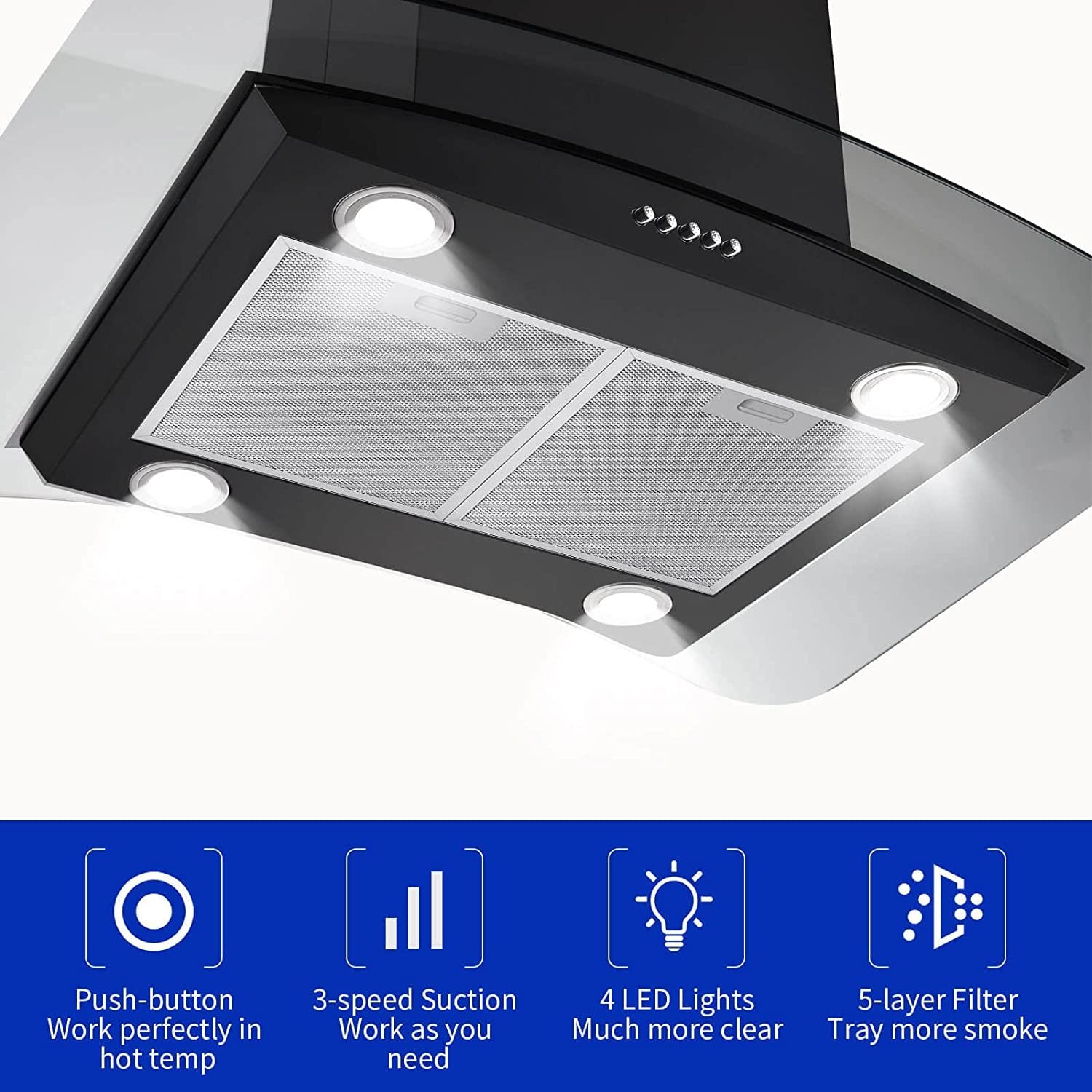 30 inch Stainless Steel Kitchen Island Range Hood 900CFM Tempered Glass 3 Speed Black LEDs - Divine Heart L.A.