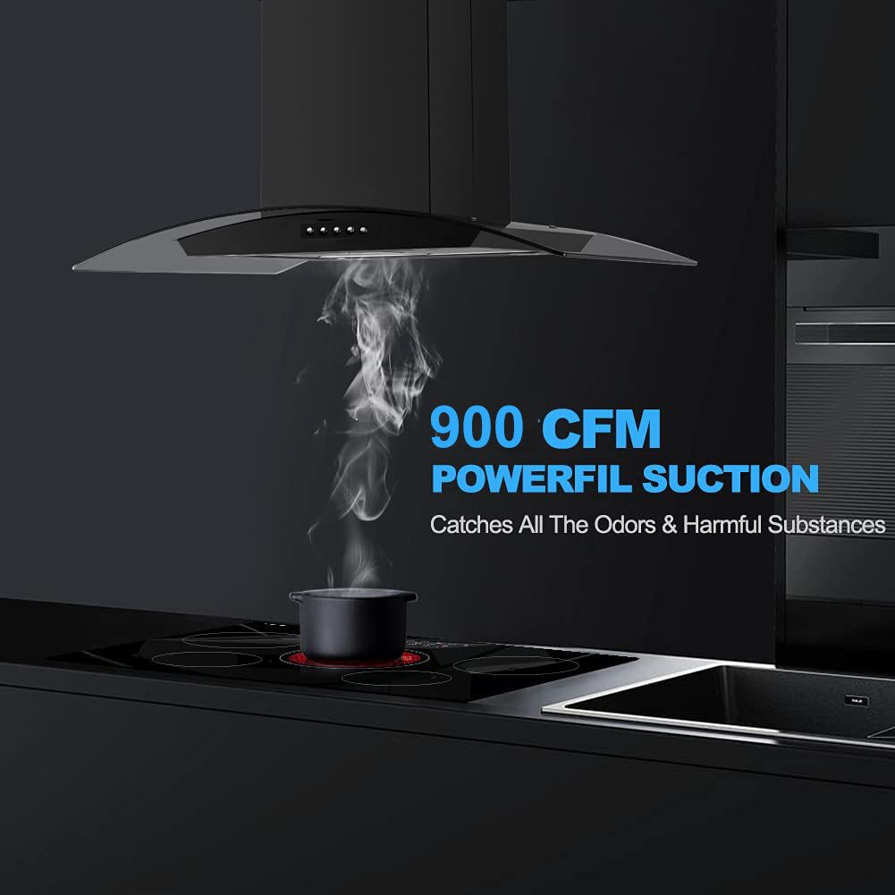 30 inch Stainless Steel Kitchen Island Range Hood 900CFM Tempered Glass 3 Speed Black LEDs - Divine Heart L.A.