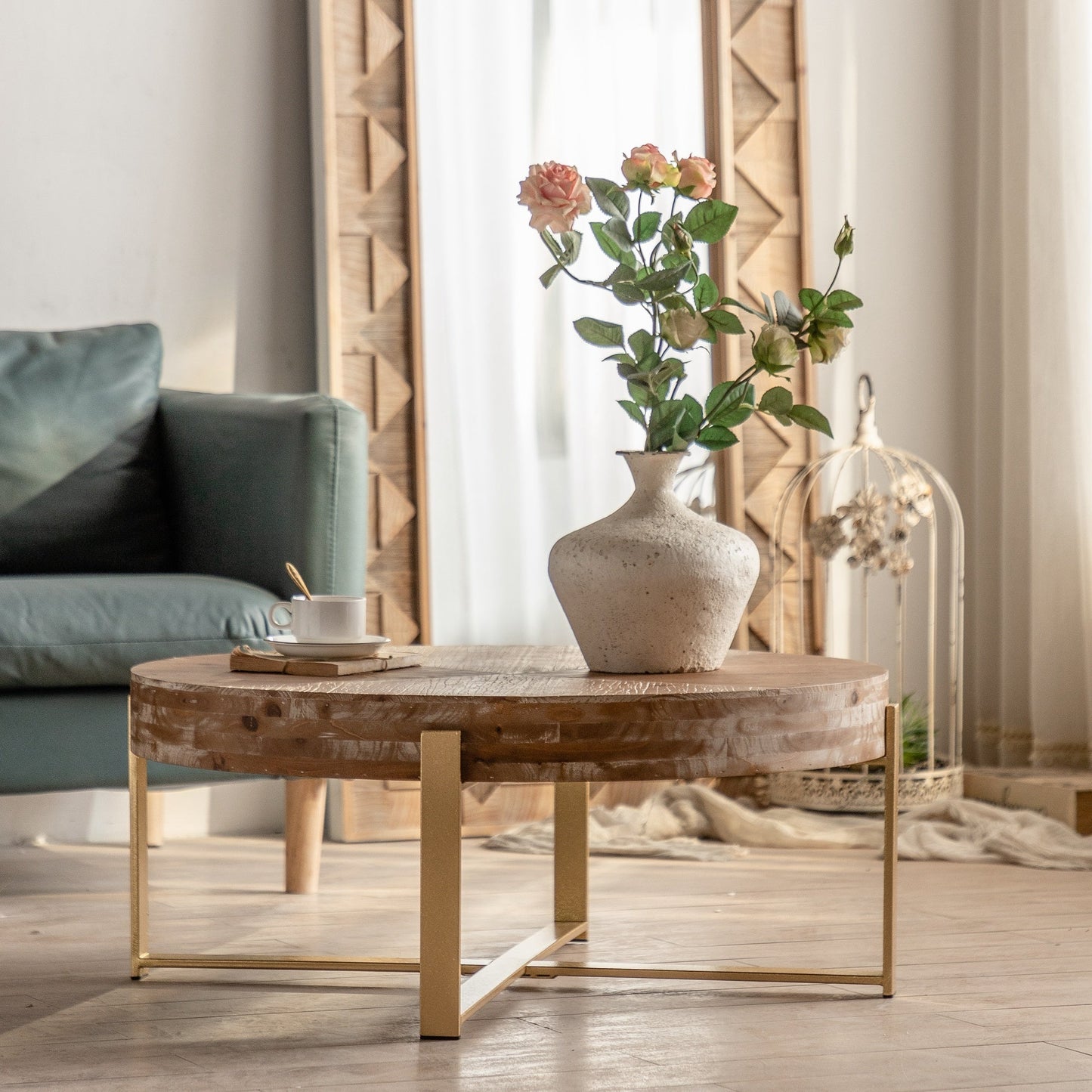 31.29" Round Coffee Table,Fir Wood Table Top with Gold Cross Legs Base - Divine Heart L.A.