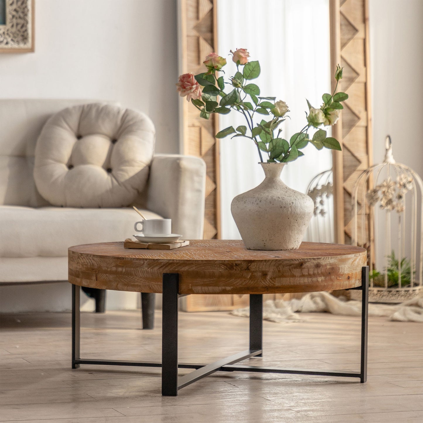 31.29"Modern Retro Splicing Round Coffee Table, Fir Wood Table Top with Black Cross Legs Base(Same SKU:W75770652) - Divine Heart L.A.