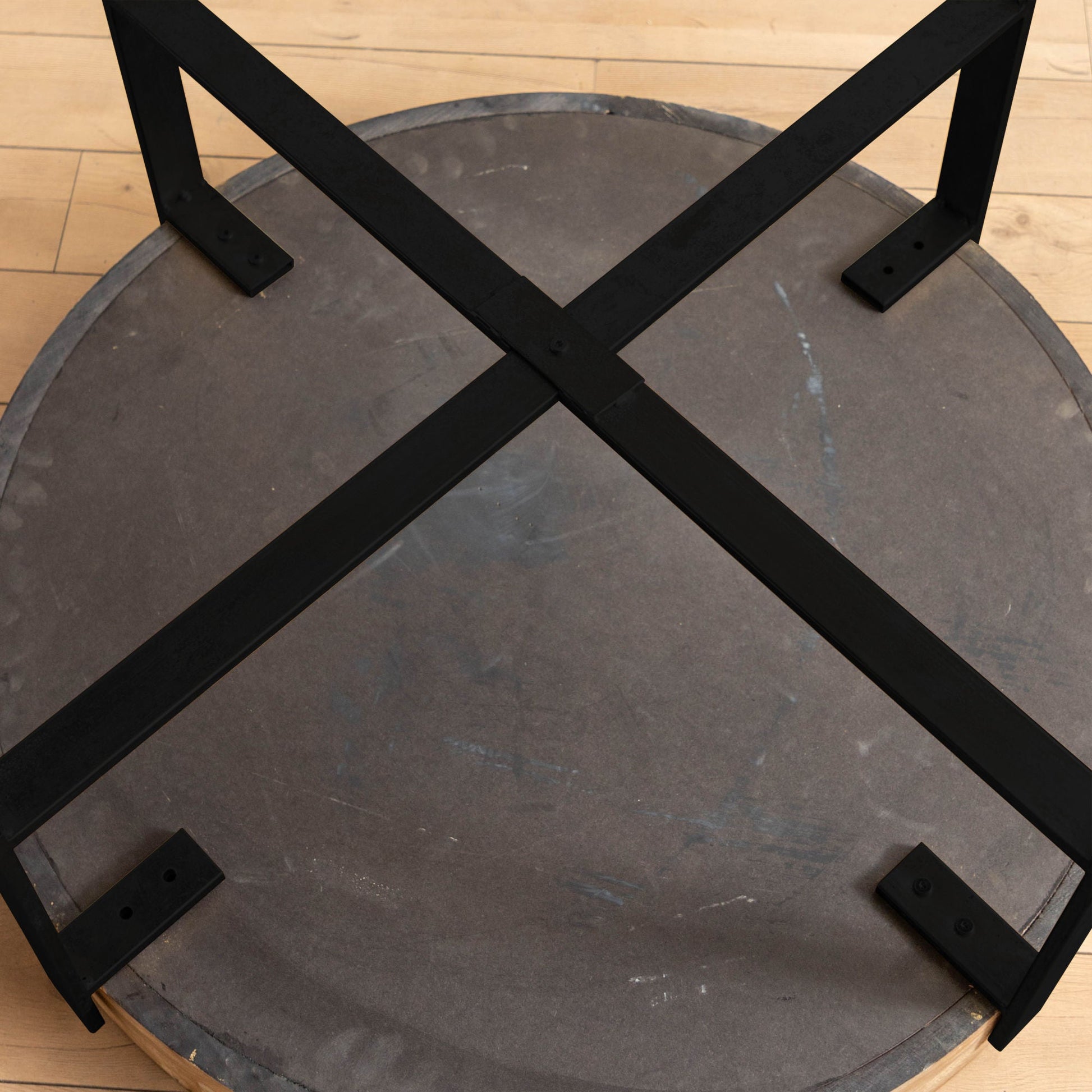 31.29"Modern Retro Splicing Round Coffee Table, Fir Wood Table Top with Black Cross Legs Base(Same SKU:W75770652) - Divine Heart L.A.