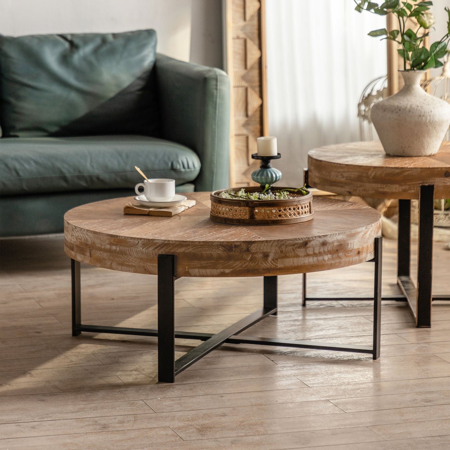 31.29"Modern Retro Splicing Round Coffee Table, Fir Wood Table Top with Black Cross Legs Base(Same SKU:W75770652) - Divine Heart L.A.