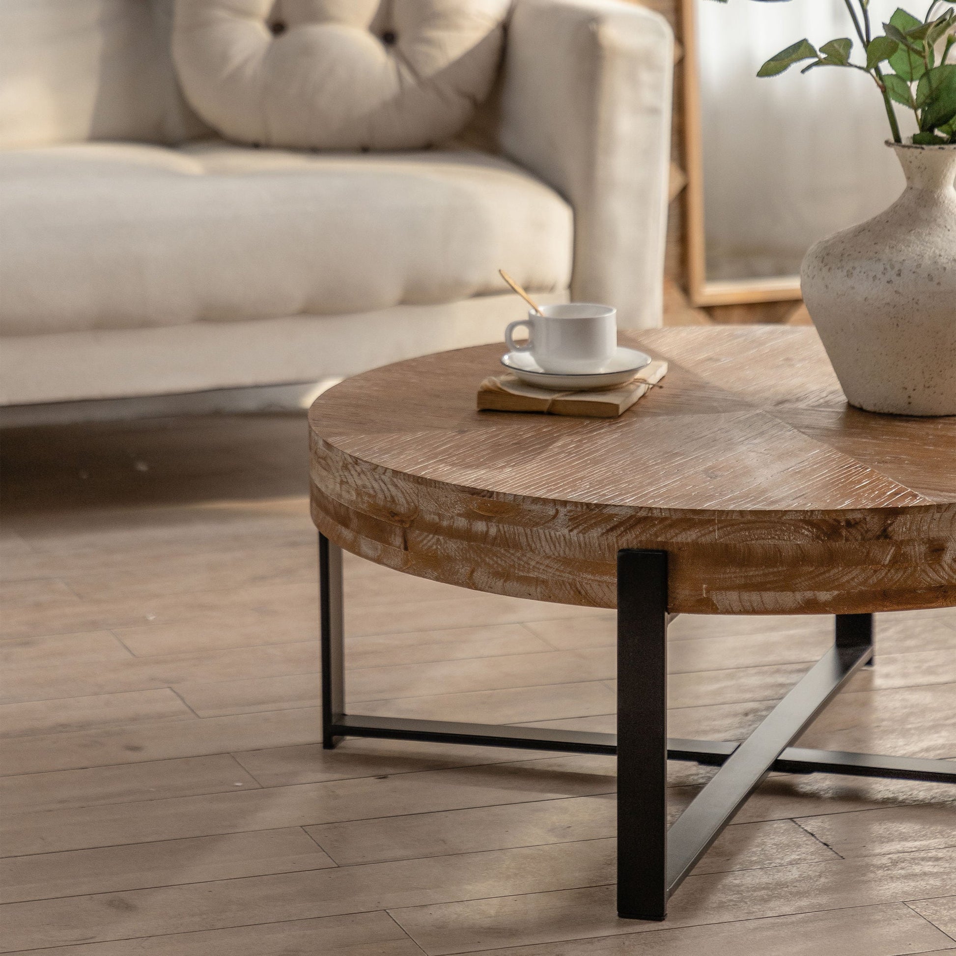 31.29"Modern Retro Splicing Round Coffee Table, Fir Wood Table Top with Black Cross Legs Base(Same SKU:W75770652) - Divine Heart L.A.