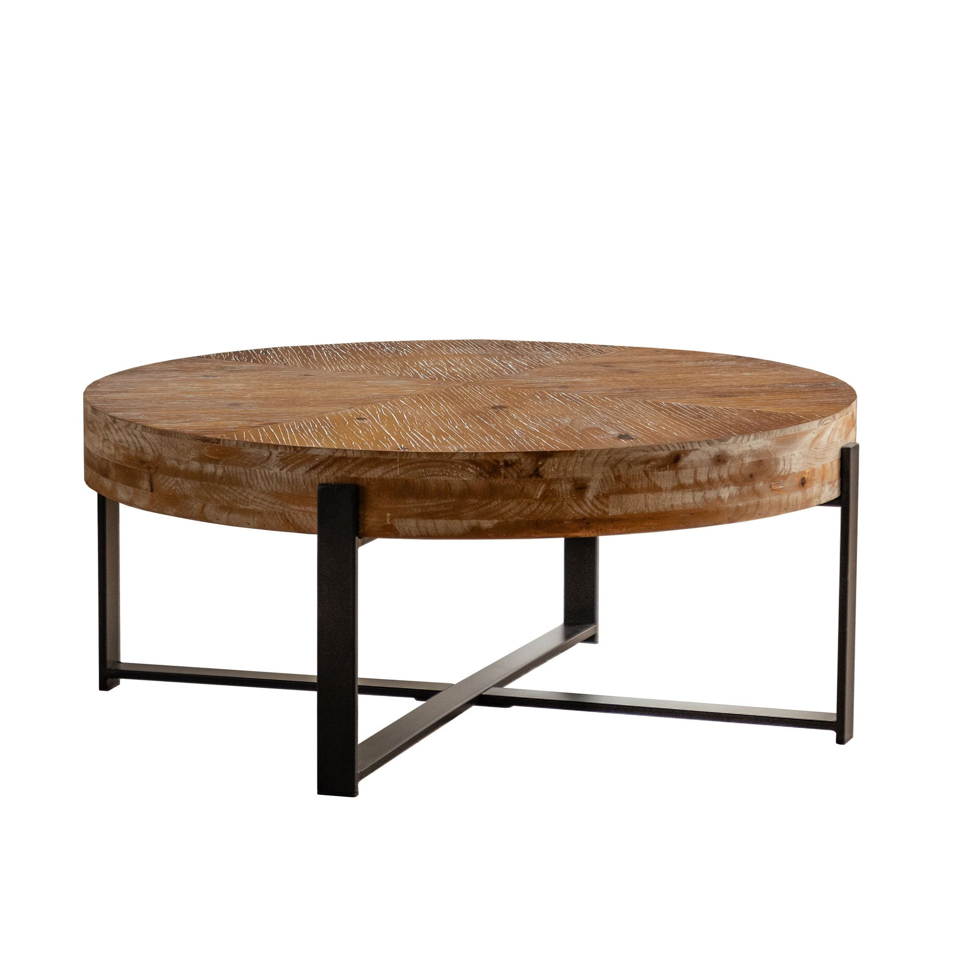 31.29"Modern Retro Splicing Round Coffee Table, Fir Wood Table Top with Black Cross Legs Base(Same SKU:W75770652) - Divine Heart L.A.