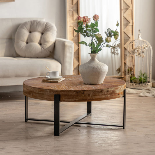 31.29"Modern Retro Splicing Round Coffee Table, Fir Wood Table Top with Black Cross Legs Base(Same SKU:W75770652) - Divine Heart L.A.