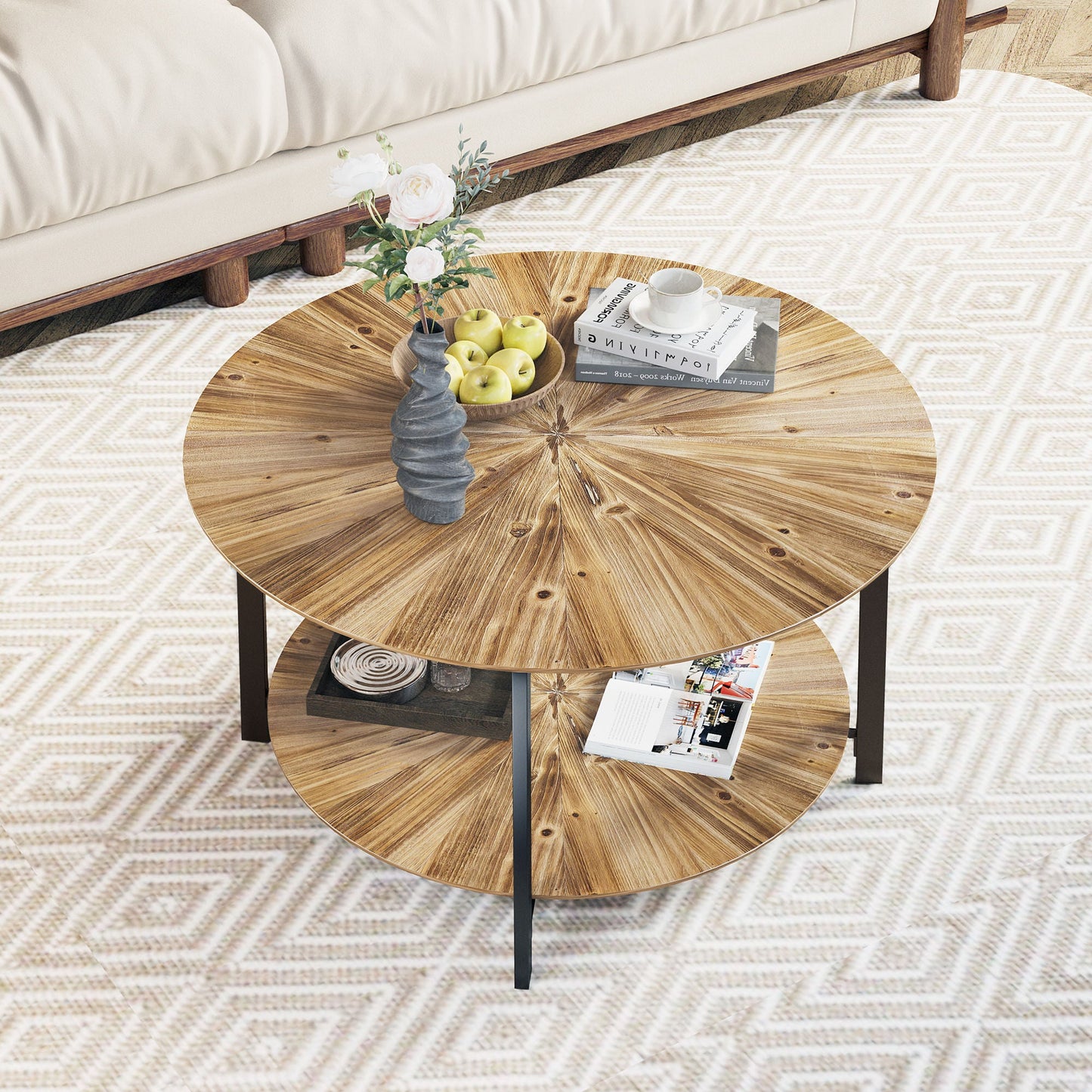 31.5 "Round Coffee Table,Stand Wooden Double Layer Coffee Table with Open Storage Space and Metal Table Legs for Living Room,Bedroom - Divine Heart L.A.