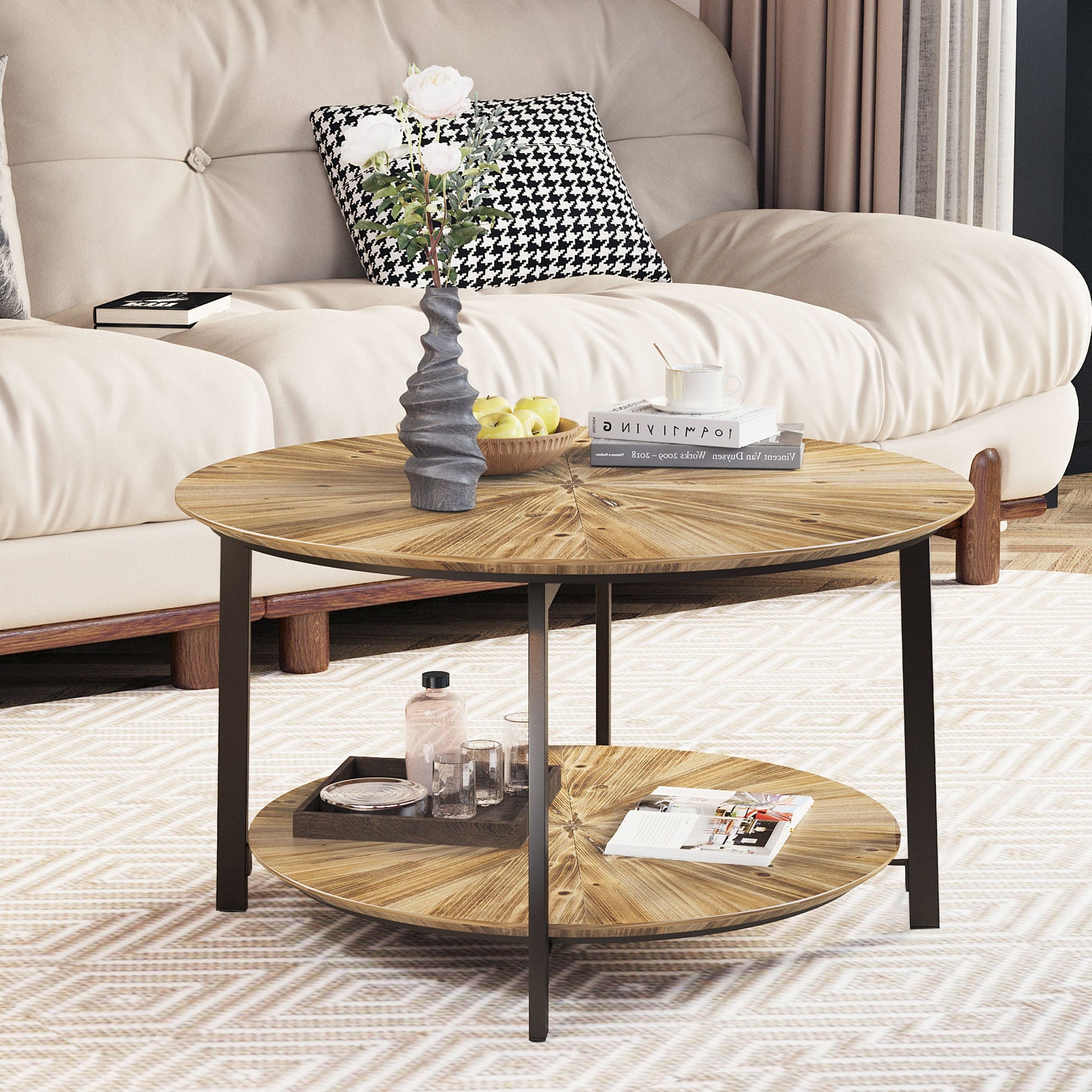 31.5 "Round Coffee Table,Stand Wooden Double Layer Coffee Table with Open Storage Space and Metal Table Legs for Living Room,Bedroom - Divine Heart L.A.