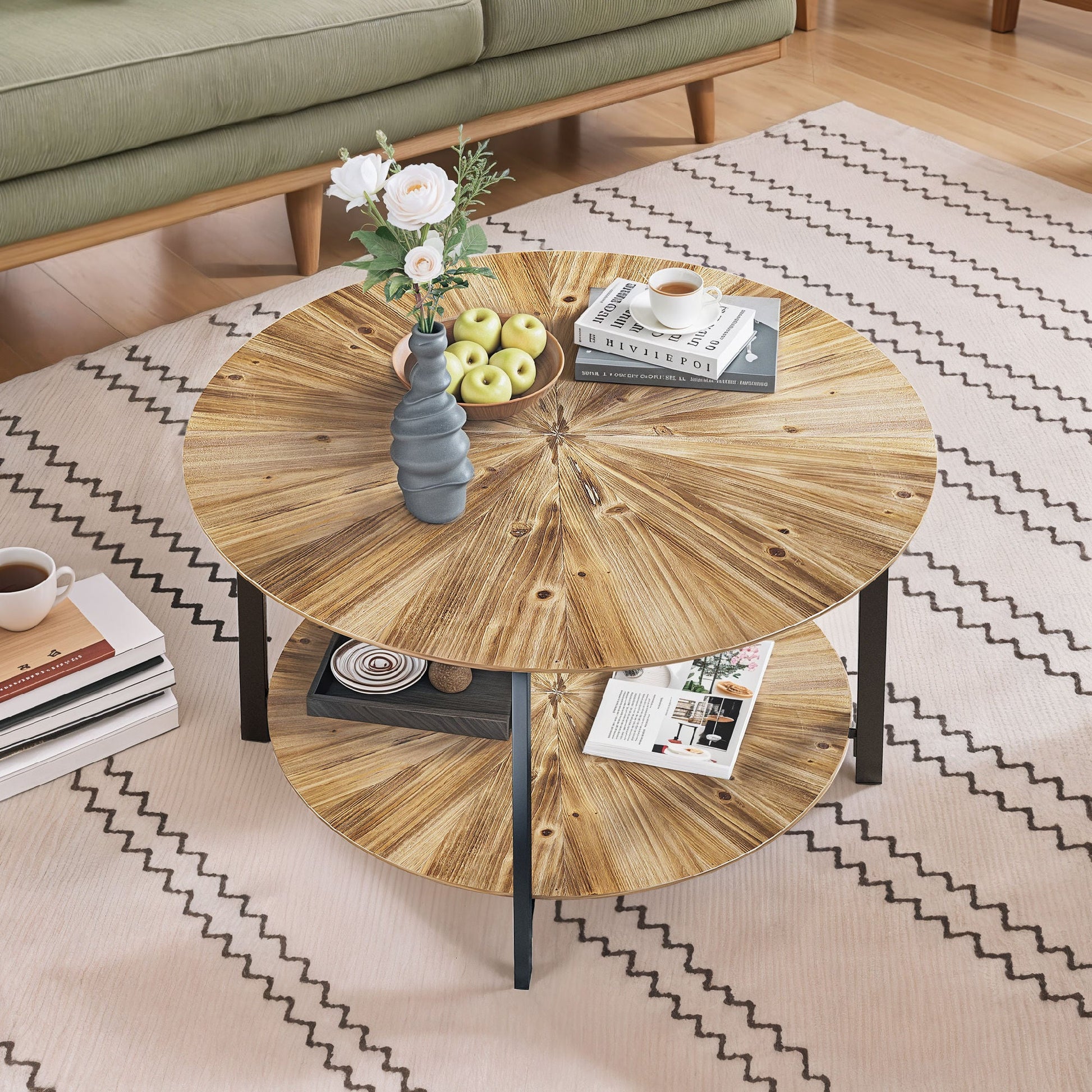 31.5 "Round Coffee Table,Stand Wooden Double Layer Coffee Table with Open Storage Space and Metal Table Legs for Living Room,Bedroom - Divine Heart L.A.