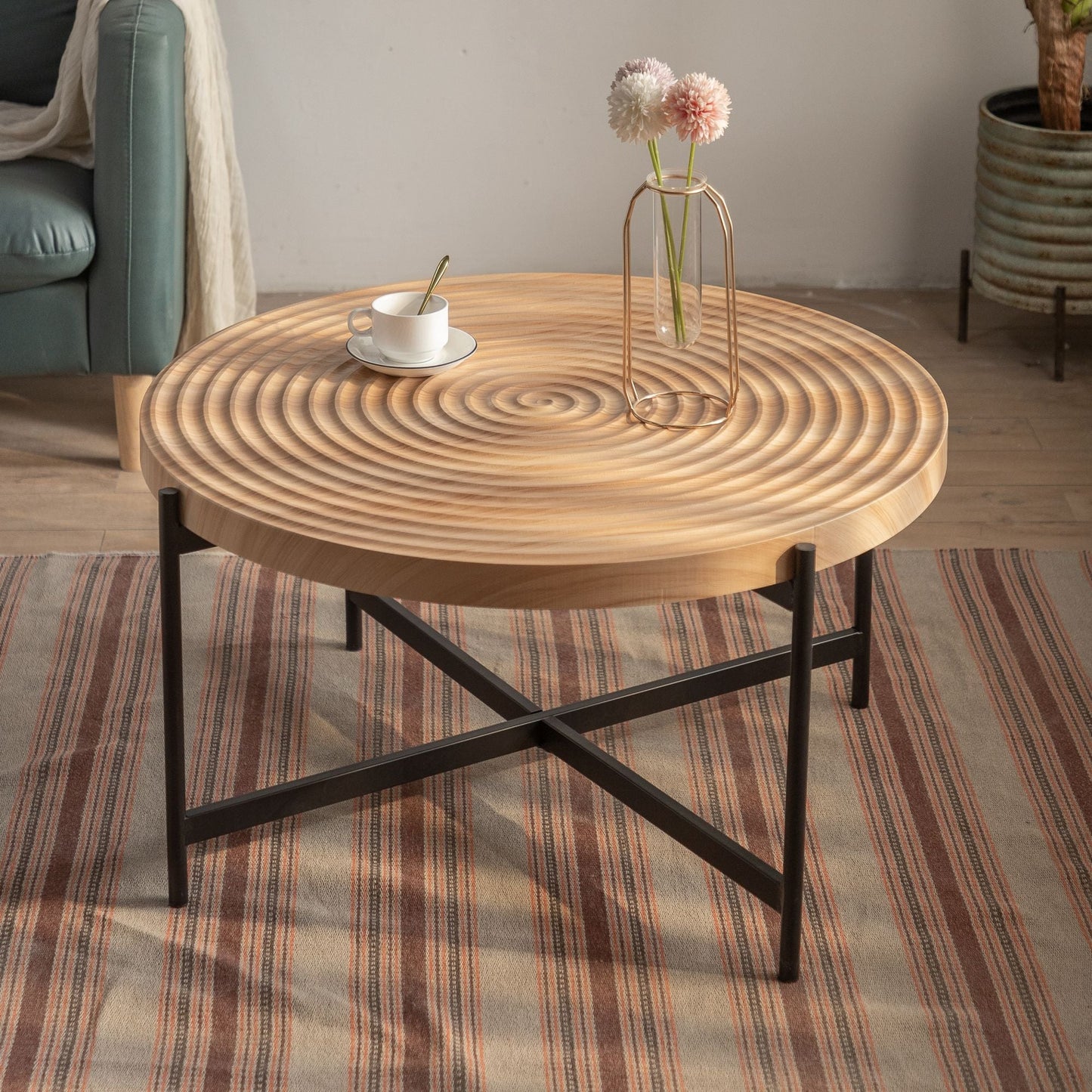 33"Modern Thread Design Round Coffee Table with Cross Legs Metal Base - Divine Heart L.A.