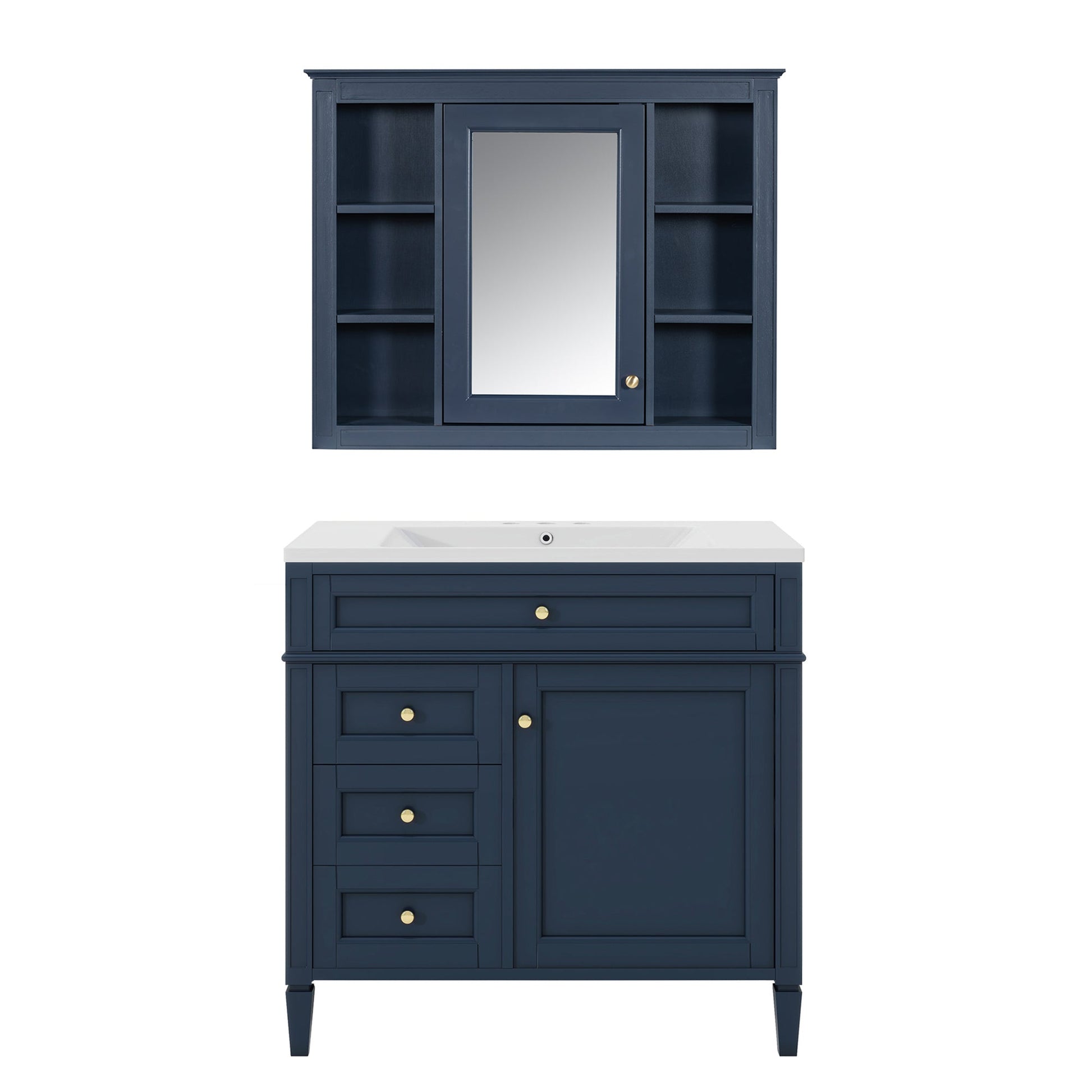 36'' Bathroom Vanity with Medicine Cabinet, Royal Blue Mirror Cabinet, Modern Bathroom Storage Cabinet with 2 Soft Closing Doors and 4 Drawers, Single Sink Bathroom Vanity - Divine Heart L.A.