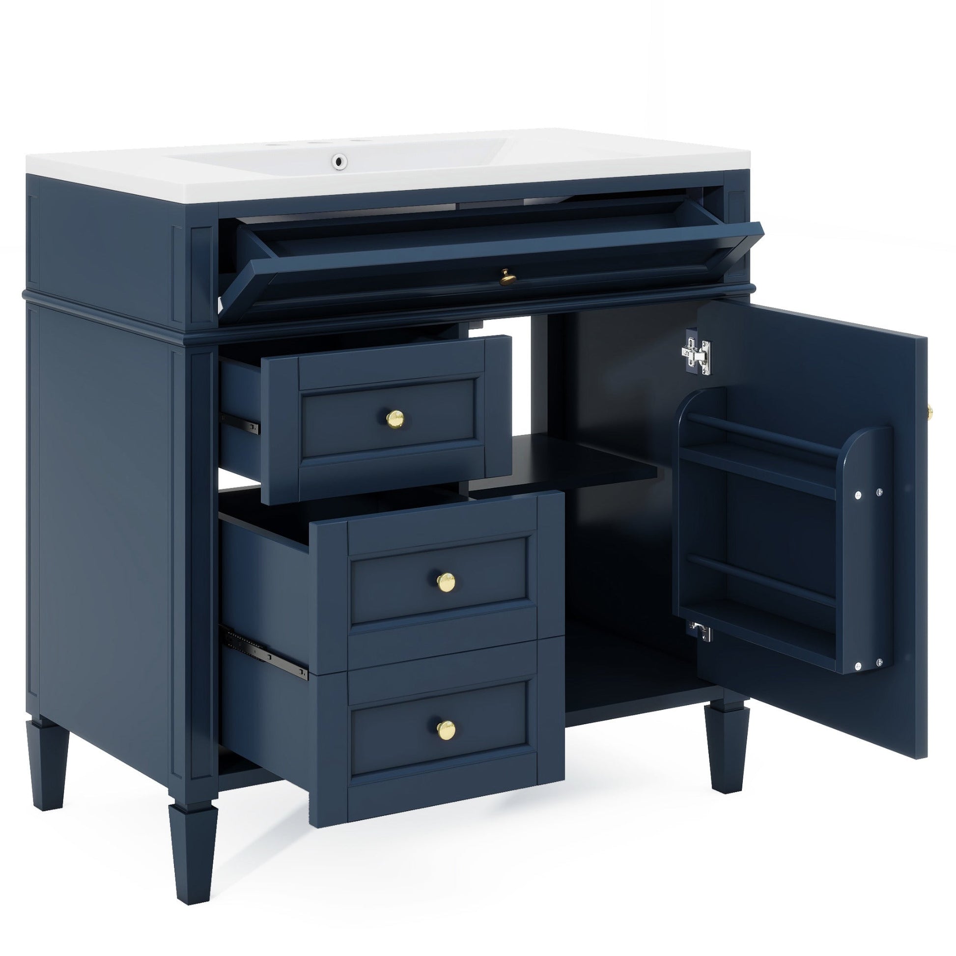 36'' Bathroom Vanity with Medicine Cabinet, Royal Blue Mirror Cabinet, Modern Bathroom Storage Cabinet with 2 Soft Closing Doors and 4 Drawers, Single Sink Bathroom Vanity - Divine Heart L.A.