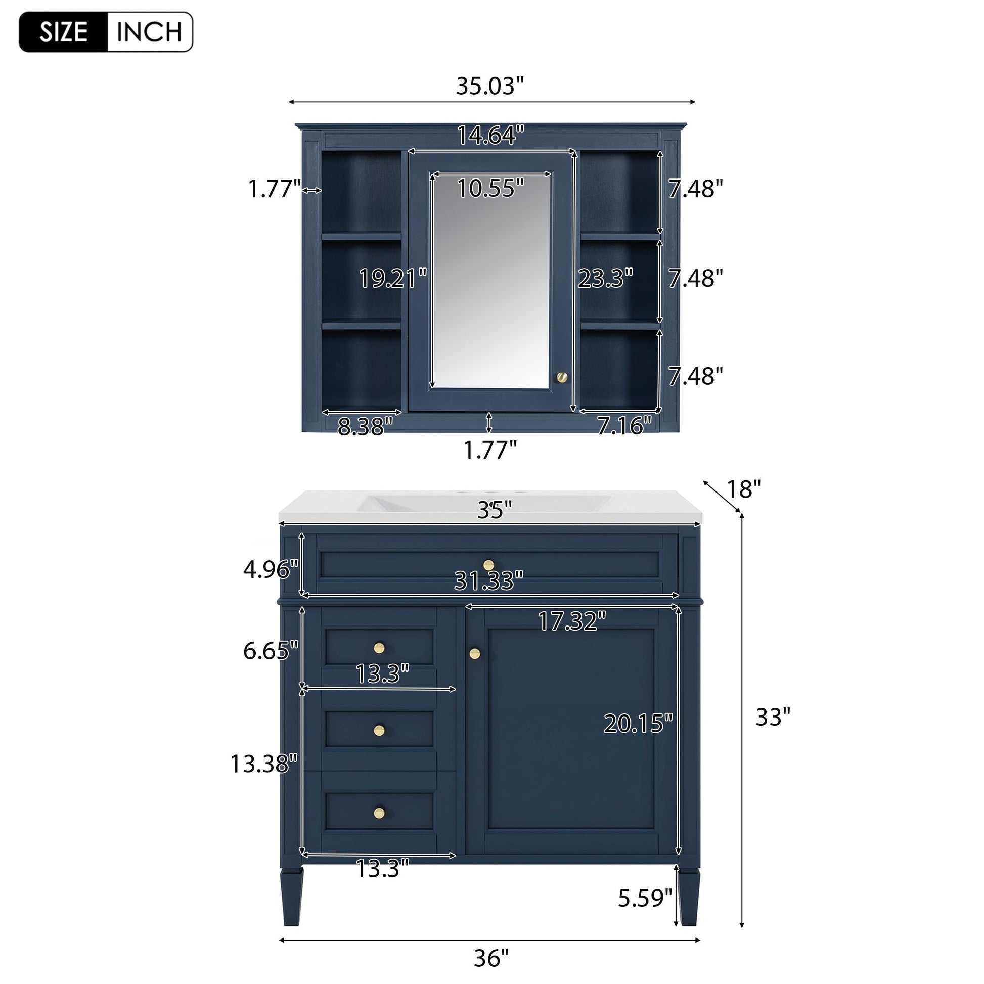 36'' Bathroom Vanity with Medicine Cabinet, Royal Blue Mirror Cabinet, Modern Bathroom Storage Cabinet with 2 Soft Closing Doors and 4 Drawers, Single Sink Bathroom Vanity - Divine Heart L.A.