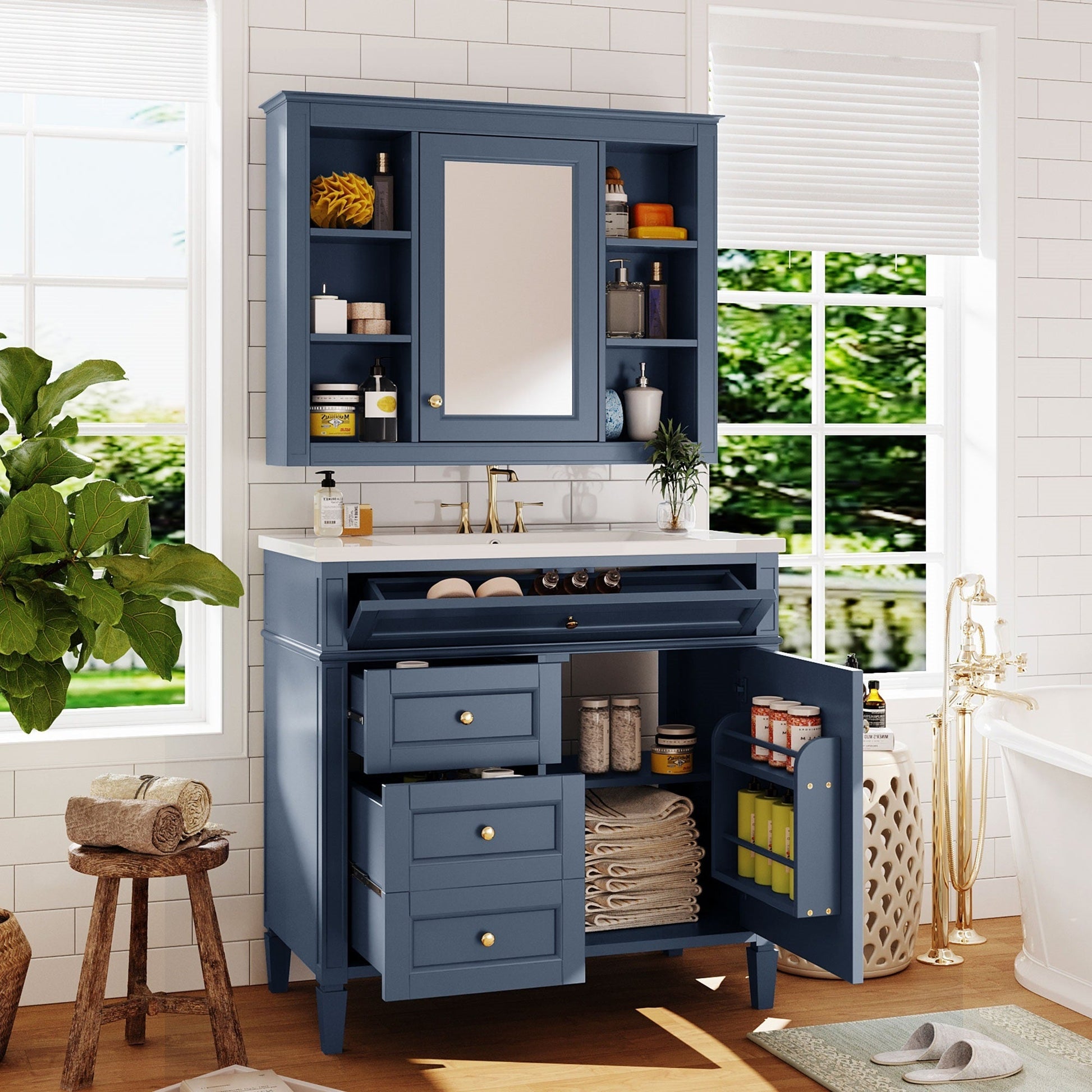 36'' Bathroom Vanity with Medicine Cabinet, Royal Blue Mirror Cabinet, Modern Bathroom Storage Cabinet with 2 Soft Closing Doors and 4 Drawers, Single Sink Bathroom Vanity - Divine Heart L.A.