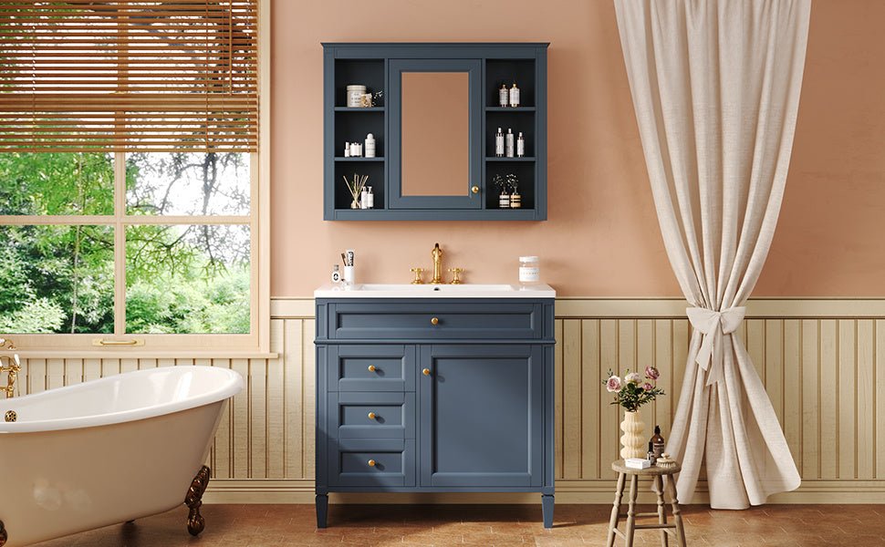 36'' Bathroom Vanity with Medicine Cabinet, Royal Blue Mirror Cabinet, Modern Bathroom Storage Cabinet with 2 Soft Closing Doors and 4 Drawers, Single Sink Bathroom Vanity - Divine Heart L.A.