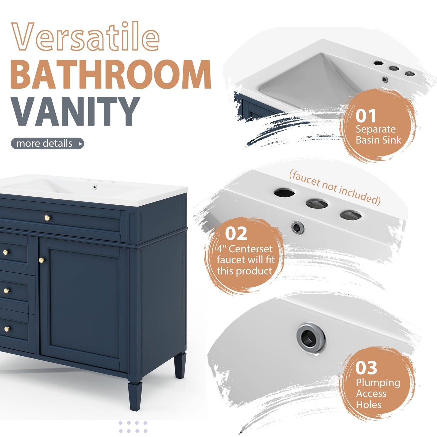 36'' Bathroom Vanity with Medicine Cabinet, Royal Blue Mirror Cabinet, Modern Bathroom Storage Cabinet with 2 Soft Closing Doors and 4 Drawers, Single Sink Bathroom Vanity - Divine Heart L.A.