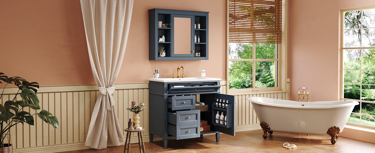 36'' Bathroom Vanity with Medicine Cabinet, Royal Blue Mirror Cabinet, Modern Bathroom Storage Cabinet with 2 Soft Closing Doors and 4 Drawers, Single Sink Bathroom Vanity - Divine Heart L.A.