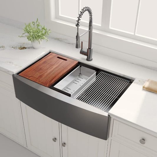 36 Inch Apron Front Workstation Farmhouse Sink 16 Guage Gunmetal Matte Black Stainless Steel Kitchen Sink Single Bowl Farm Sink - Divine Heart L.A.