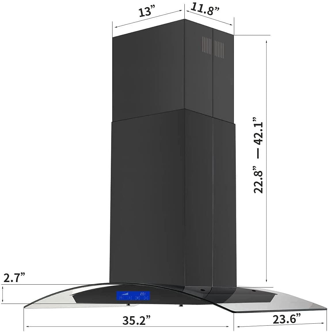 36 inch Stainless Steel Island Mount Range Hood 900CFM Tempered Glass w/LED Lights - Divine Heart L.A.