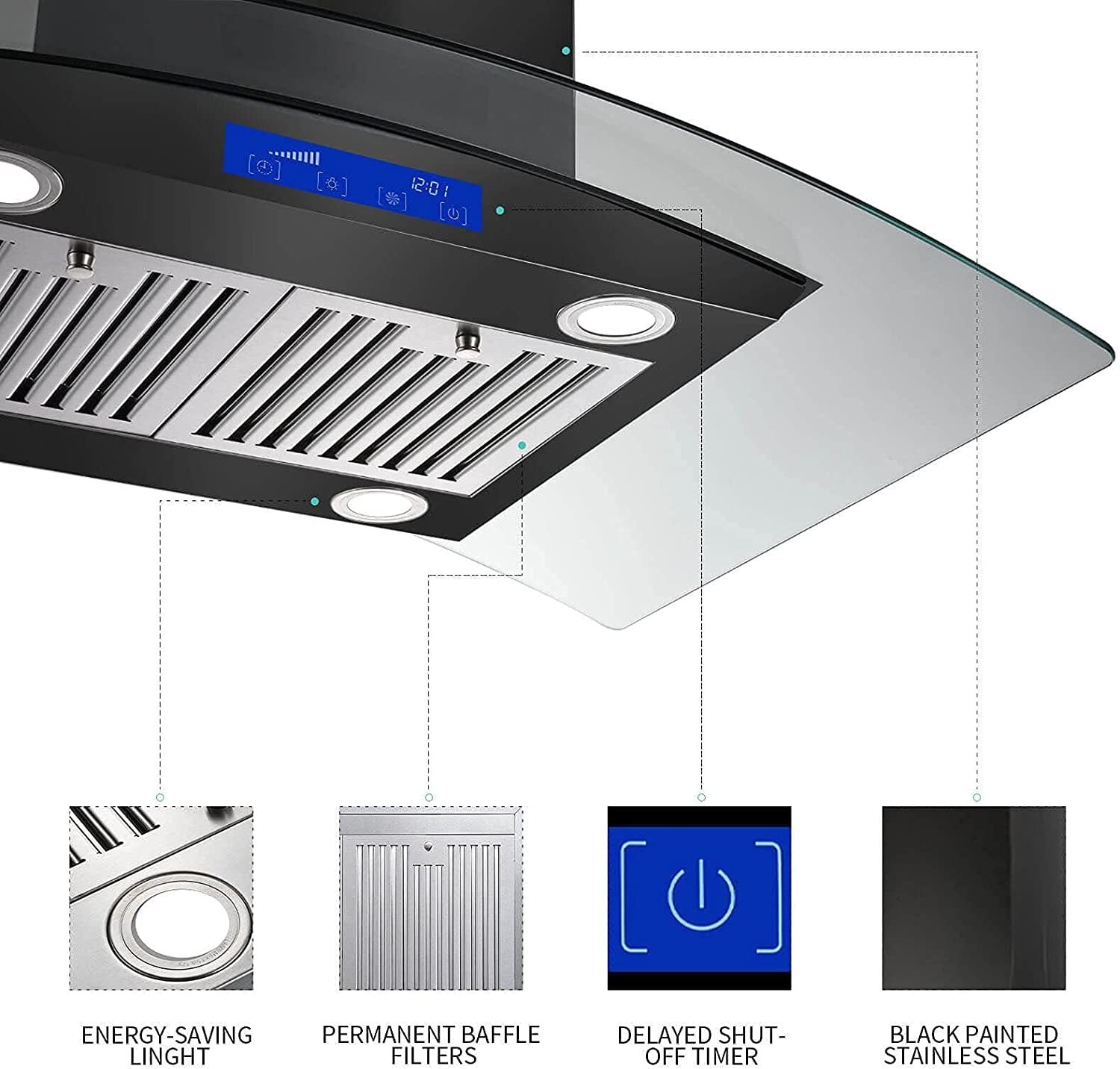 36 inch Stainless Steel Island Mount Range Hood 900CFM Tempered Glass w/LED Lights - Divine Heart L.A.