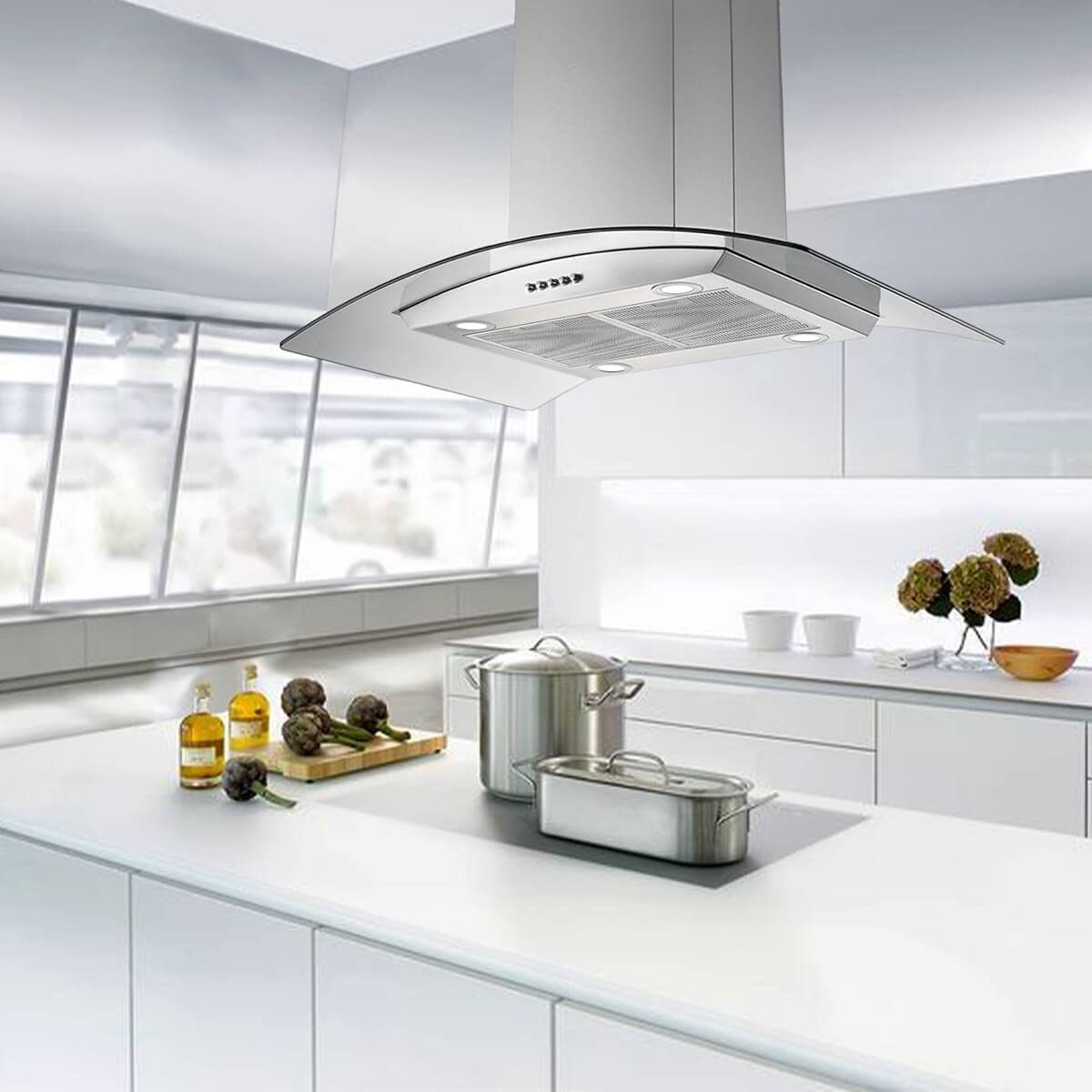 36 inch Stainless Steel Island Mount Range Hood 900CFM Tempered Glass w/LED Lights - Divine Heart L.A.