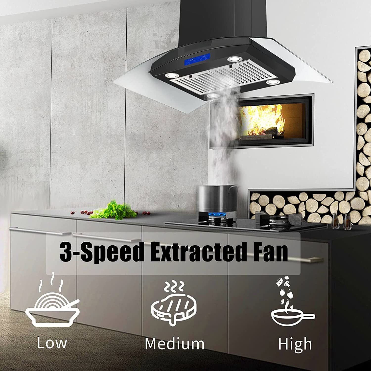 36 inch Stainless Steel Island Mount Range Hood 900CFM Tempered Glass w/LED Lights - Divine Heart L.A.