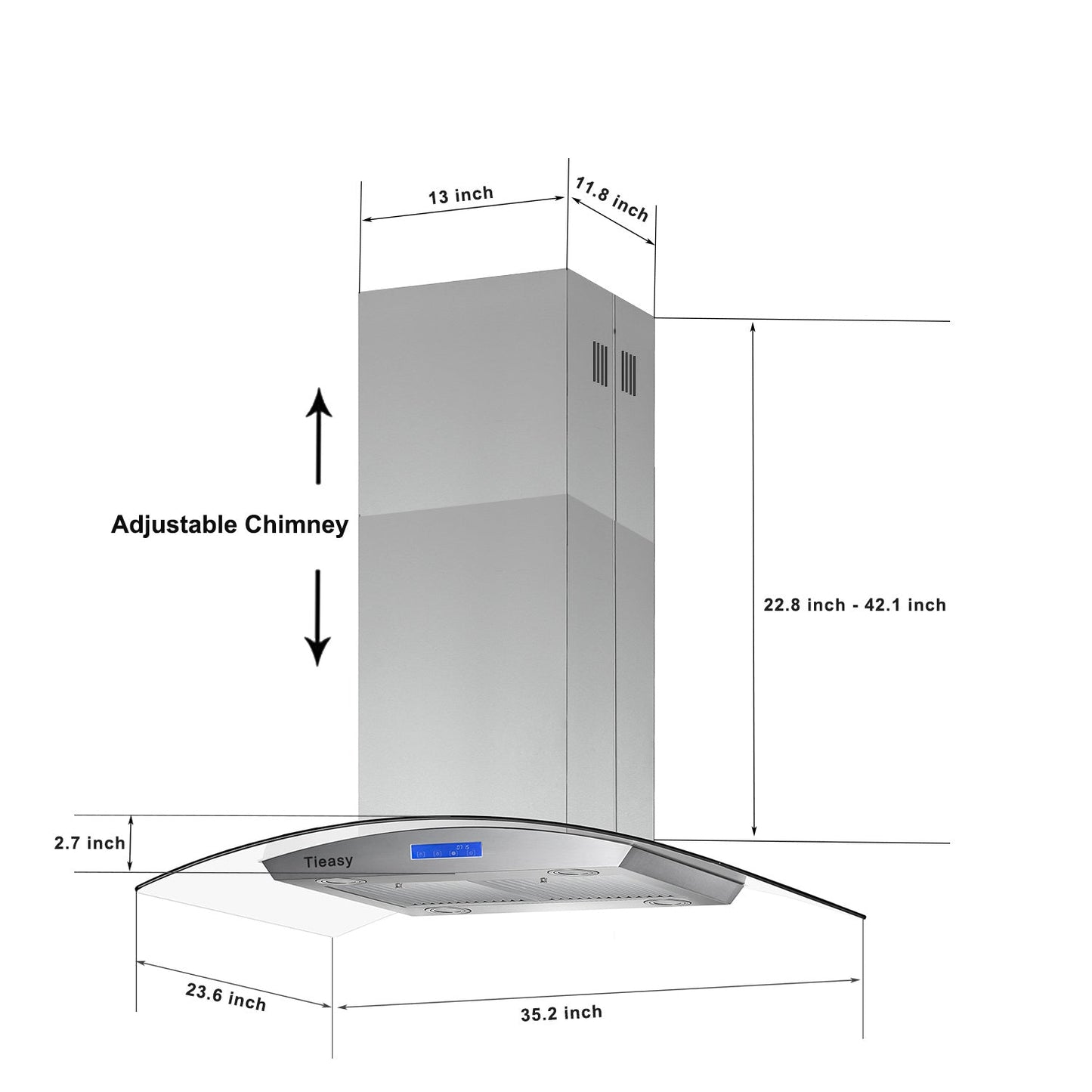 36 inch Stainless Steel Island Mount Range Hood 900CFM Tempered Glass w/LED Lights - Divine Heart L.A.