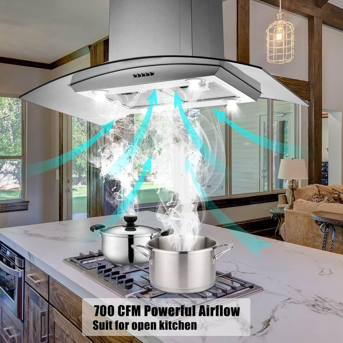 36 inch Stainless Steel Island Mount Range Hood 900CFM Tempered Glass w/LED Lights - Divine Heart L.A.