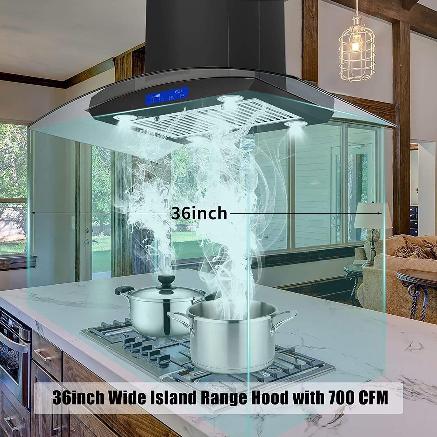 36 inch Stainless Steel Island Mount Range Hood 900CFM Tempered Glass w/LED Lights - Divine Heart L.A.