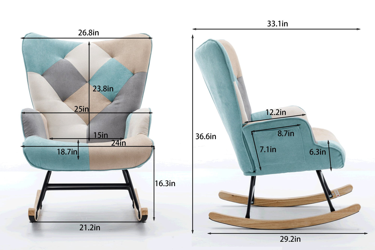 36.6 Inch Soft Seating Patchwork Accent Rocking Chair With Solid Wood Armrest And Feet - Divine Heart L.A.