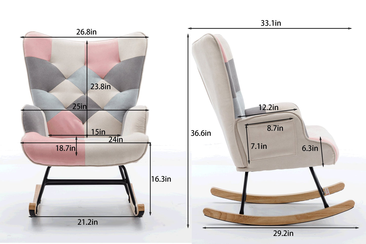 36.6 Inch Soft Seating Patchwork Accent Rocking Chair With Solid Wood Armrest And Feet - Divine Heart L.A.