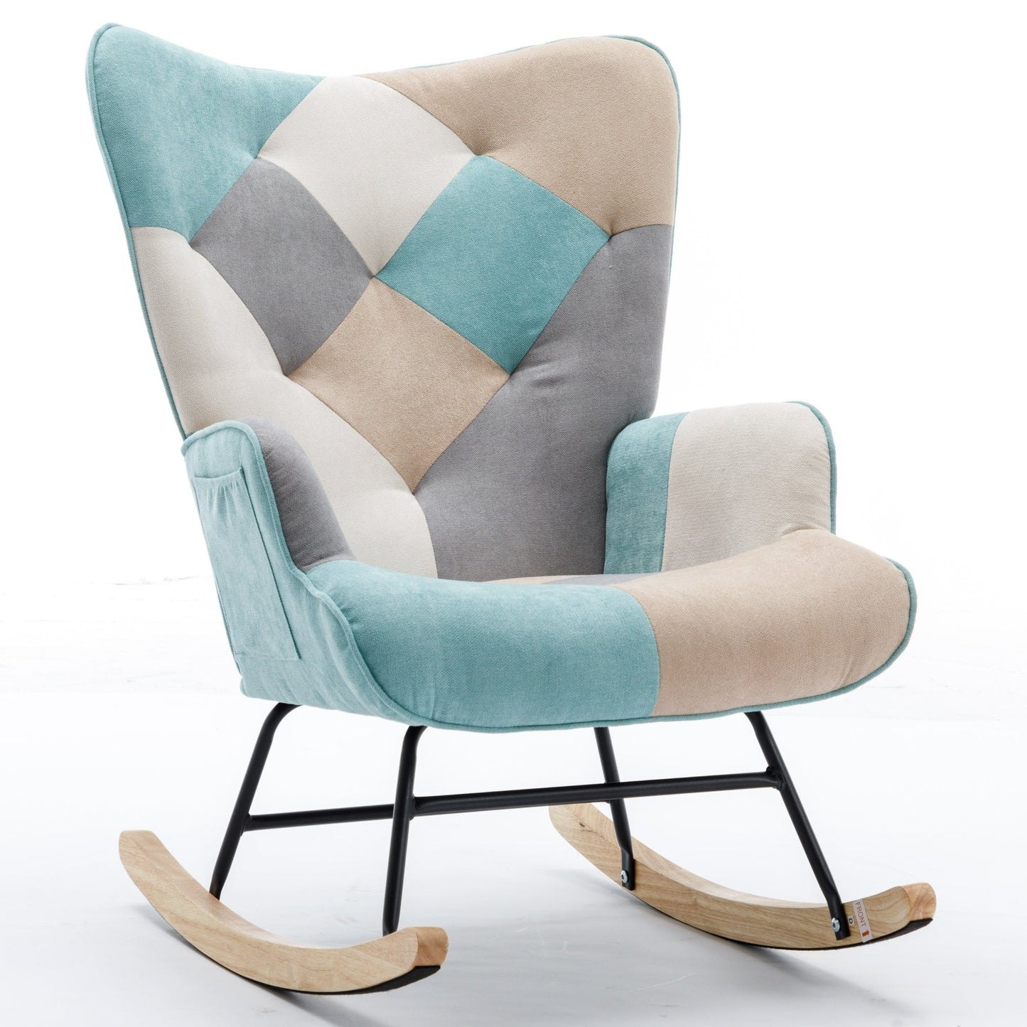 36.6 Inch Soft Seating Patchwork Accent Rocking Chair With Solid Wood Armrest And Feet - Divine Heart L.A.