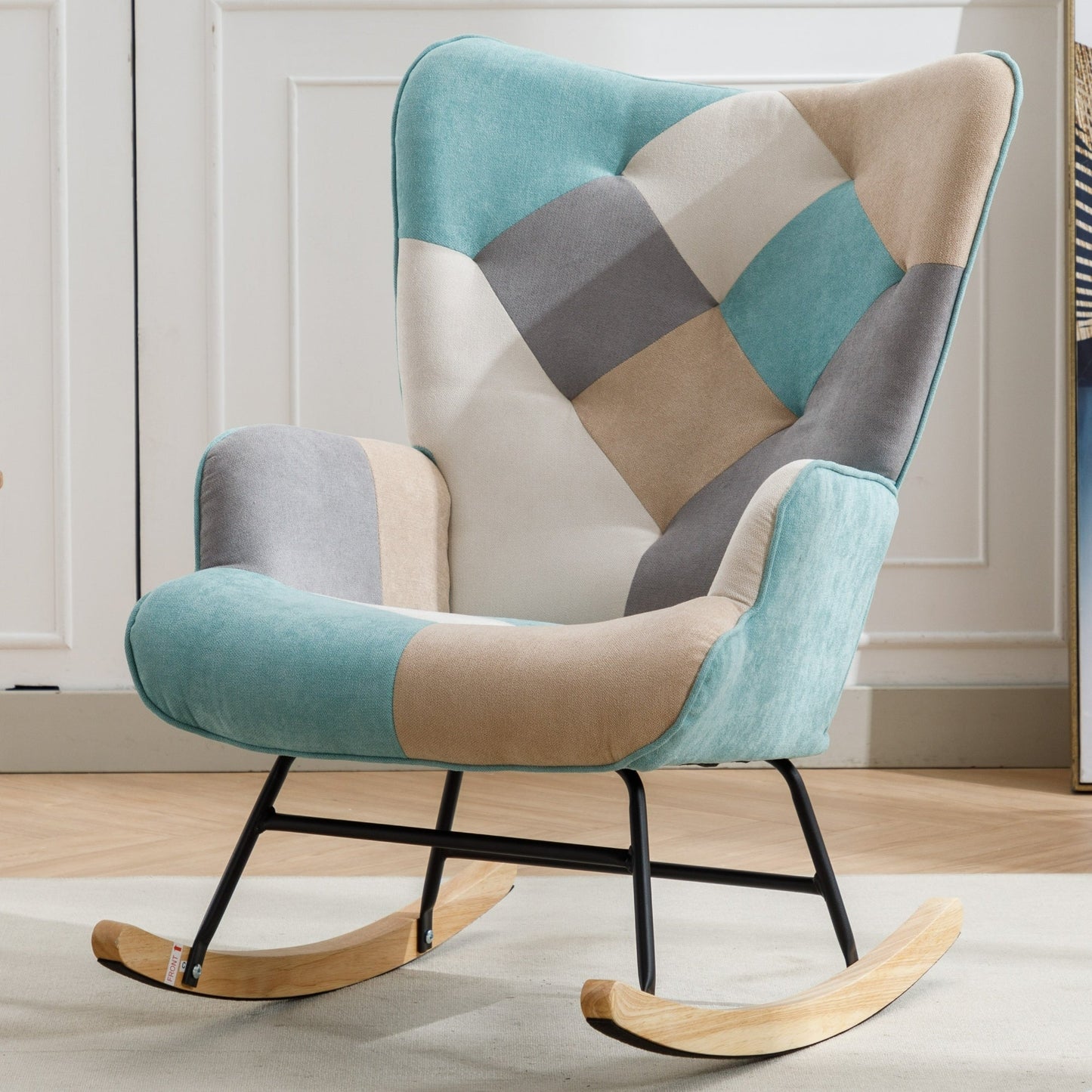 36.6 Inch Soft Seating Patchwork Accent Rocking Chair With Solid Wood Armrest And Feet - Divine Heart L.A.