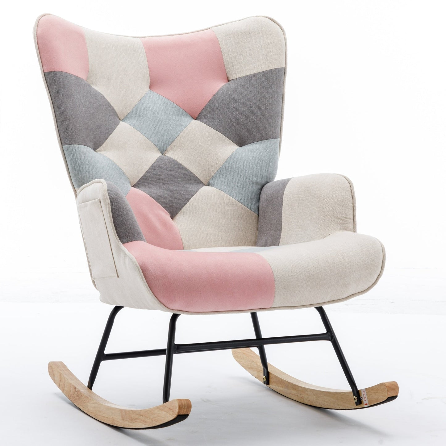 36.6 Inch Soft Seating Patchwork Accent Rocking Chair With Solid Wood Armrest And Feet - Divine Heart L.A.