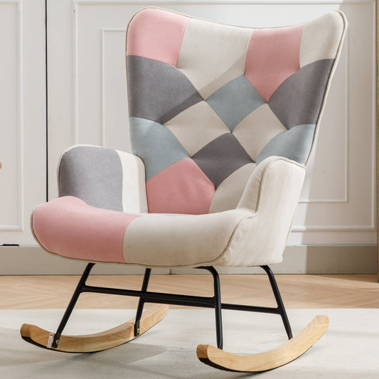 36.6 Inch Soft Seating Patchwork Accent Rocking Chair With Solid Wood Armrest And Feet - Divine Heart L.A.