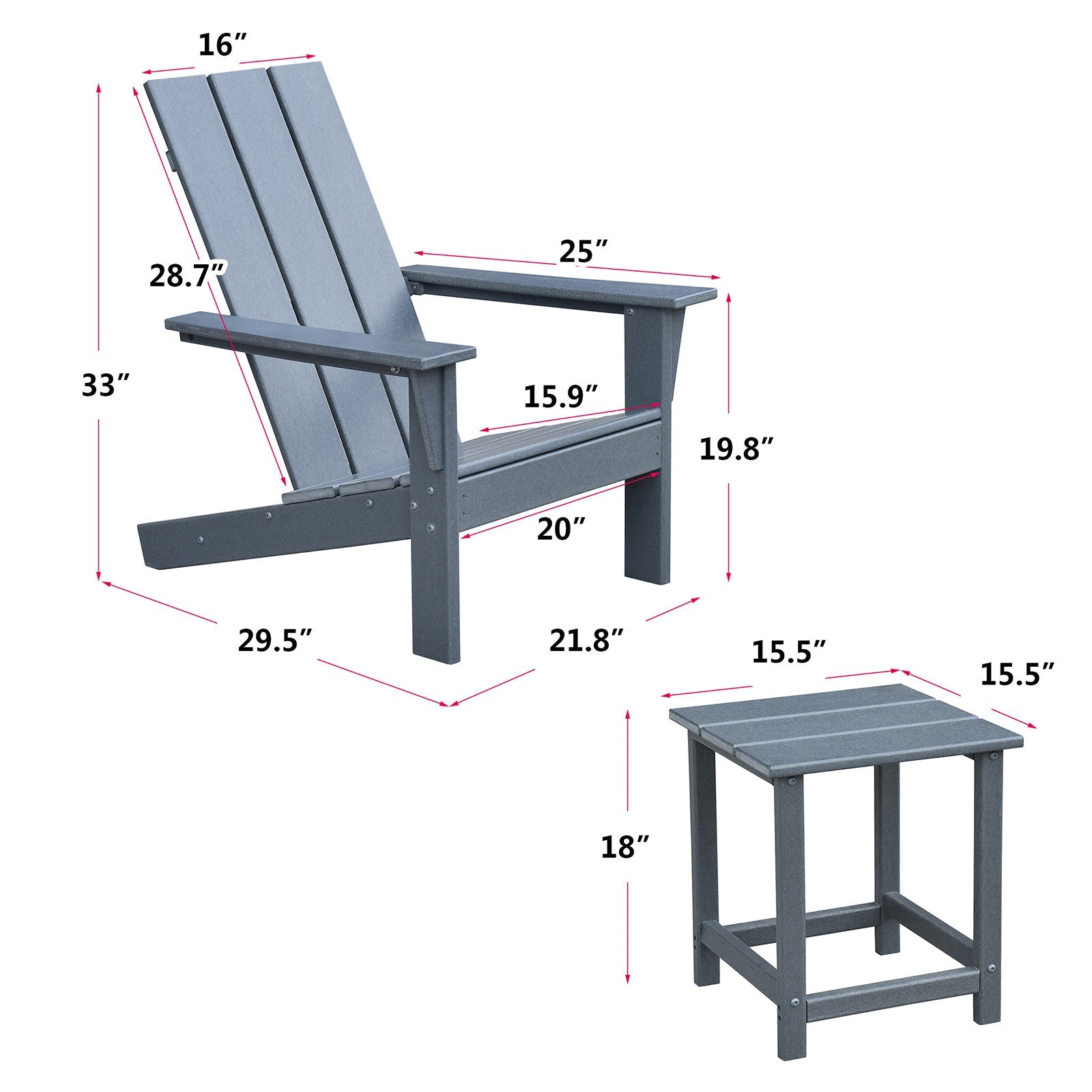 3Pcs Adirondack Chair Set with Side Table - Divine Heart L.A.