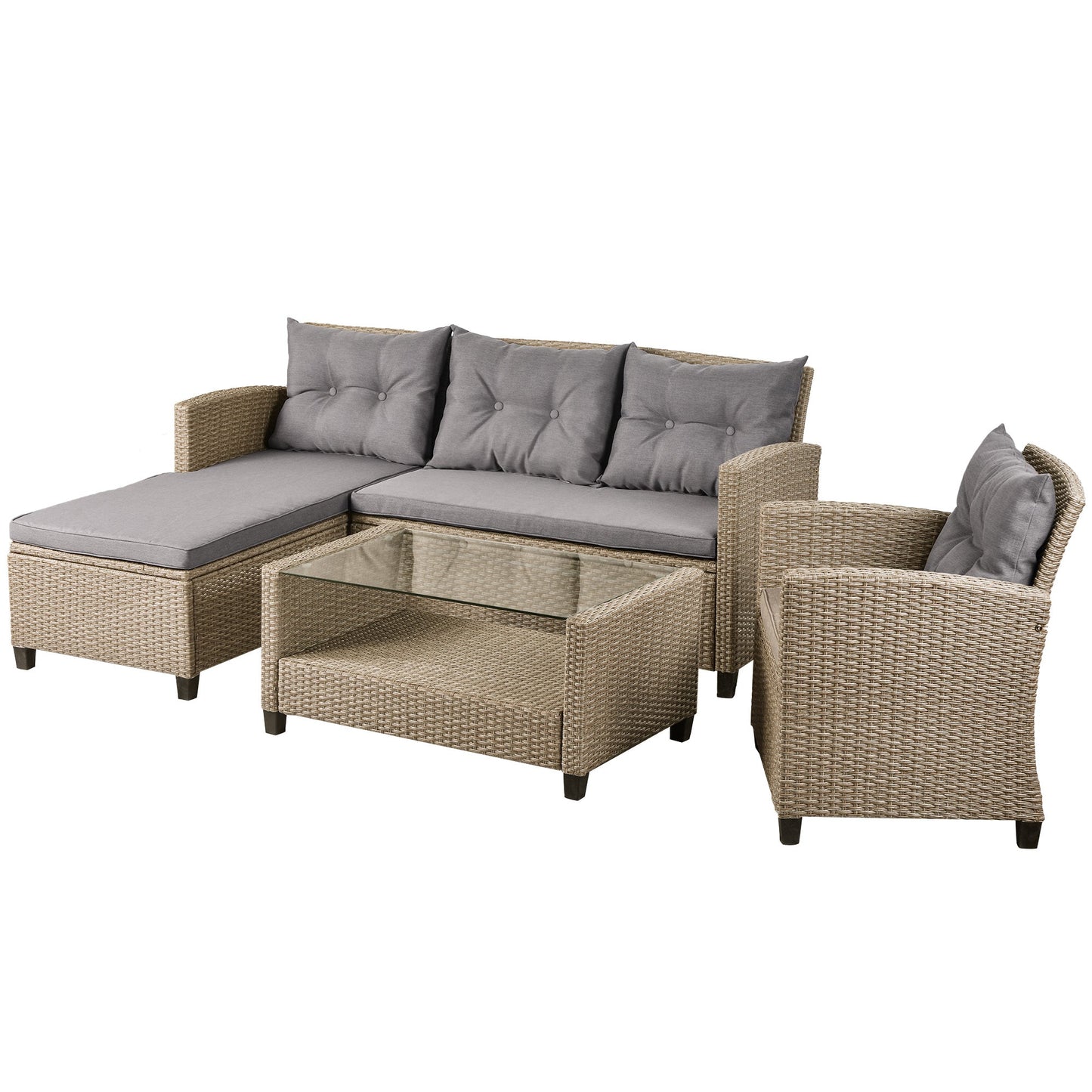 4 Piece Conversation Set Wicker Ratten Sectional Sofa with Seat Cushions - Divine Heart L.A.