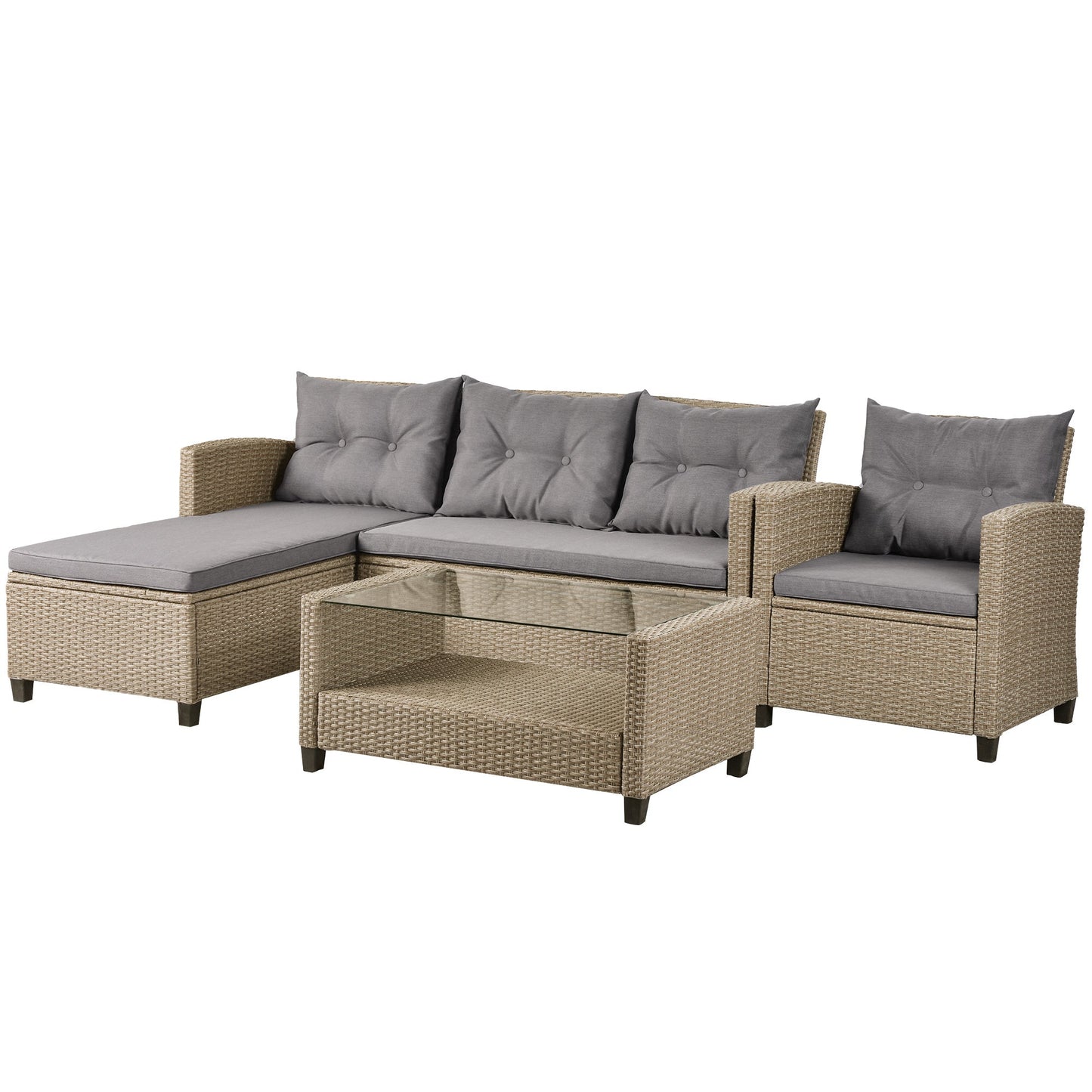 4 Piece Conversation Set Wicker Ratten Sectional Sofa with Seat Cushions - Divine Heart L.A.