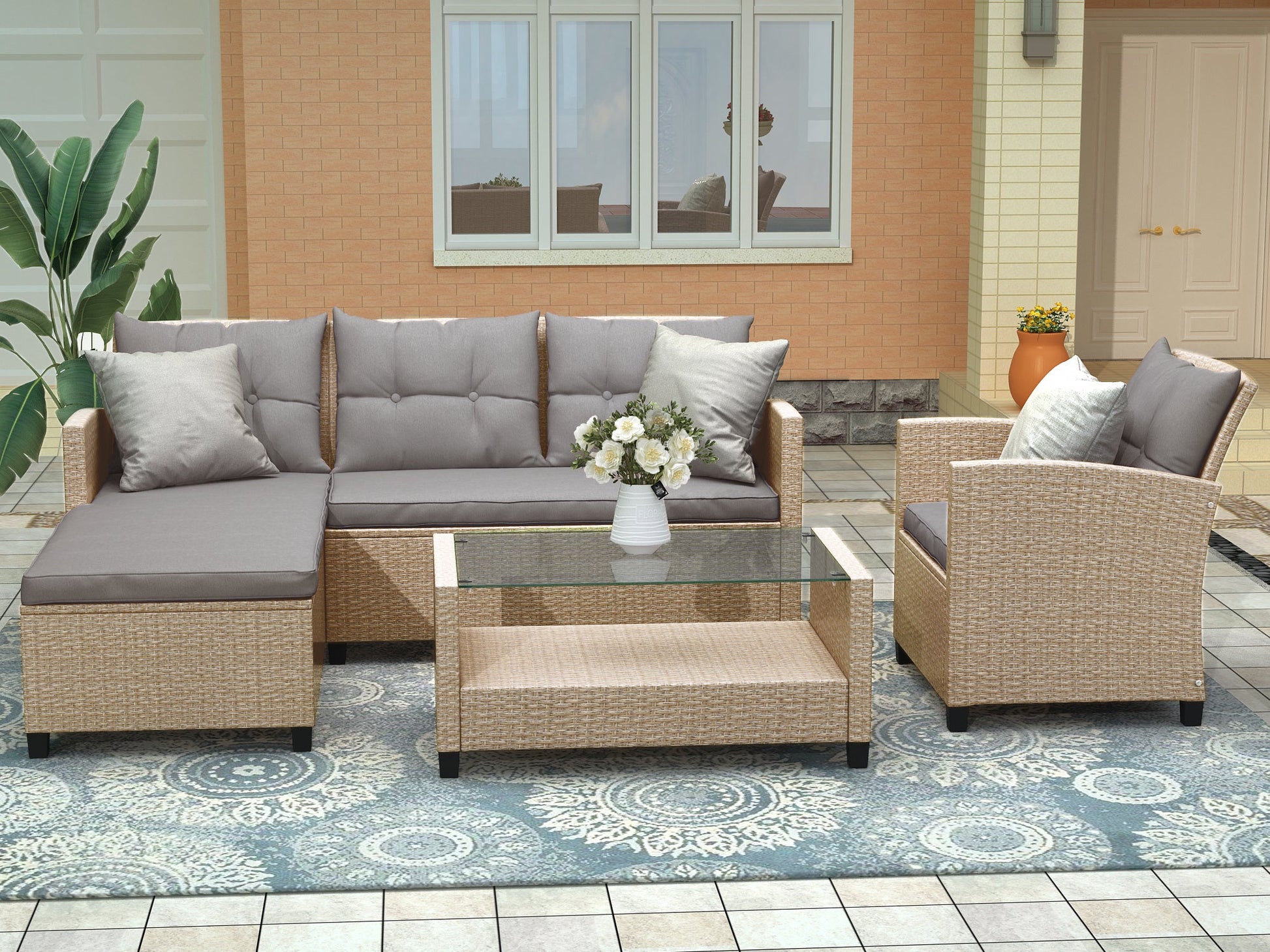 4 Piece Conversation Set Wicker Ratten Sectional Sofa with Seat Cushions - Divine Heart L.A.