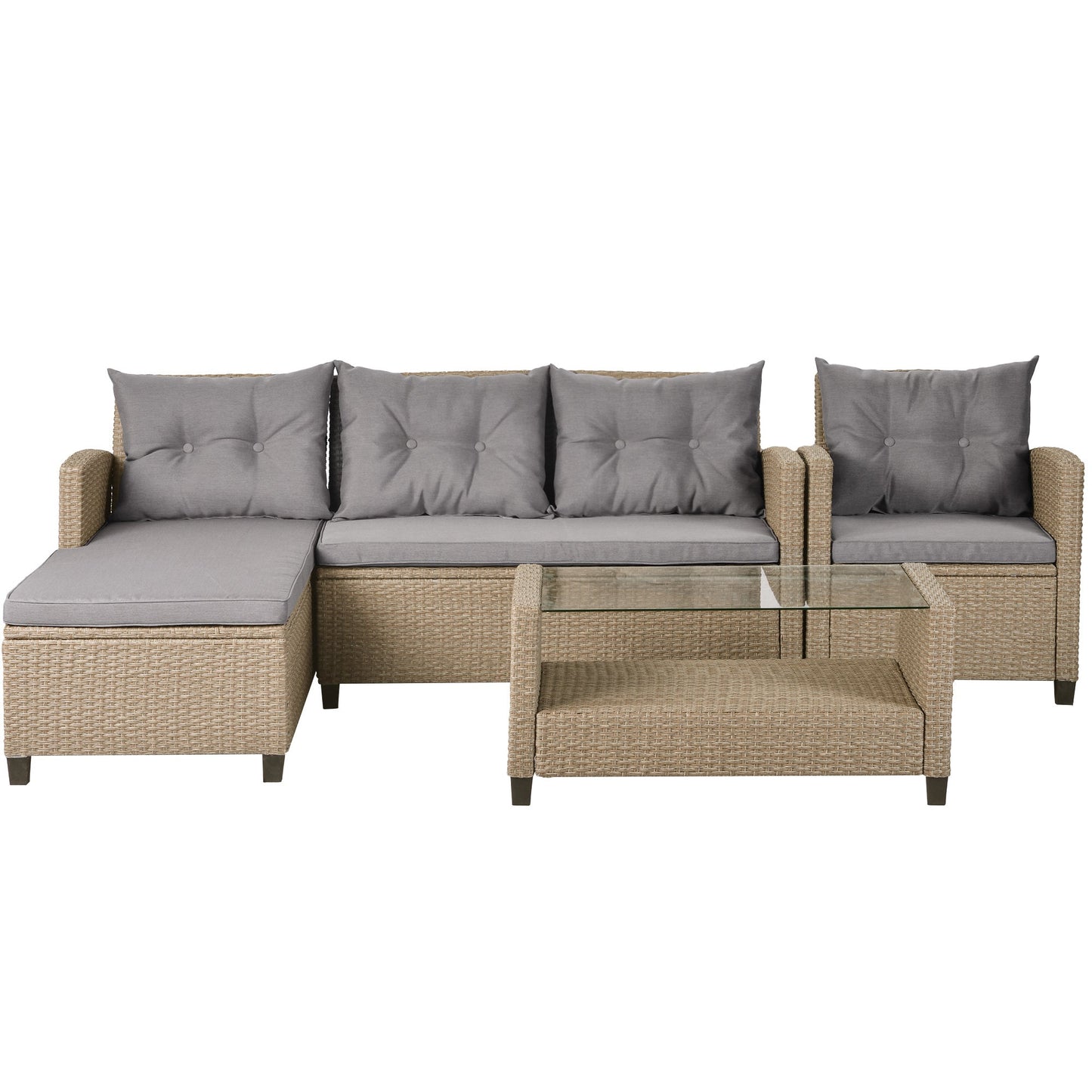 4 Piece Conversation Set Wicker Ratten Sectional Sofa with Seat Cushions - Divine Heart L.A.