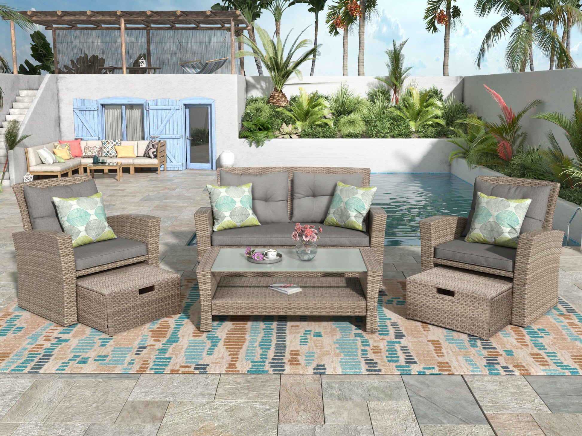 4 Piece Outdoor Conversation Set All Weather Wicker Sectional Sofa with Ottoman and Cushions - Divine Heart L.A.