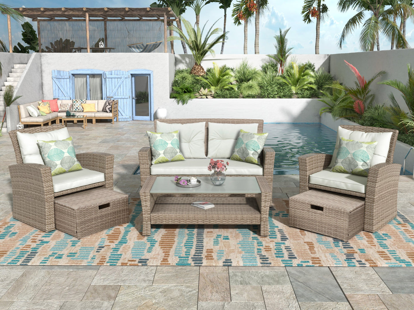 4 Piece Outdoor Conversation Set All Weather Wicker Sectional Sofa with Ottoman and Cushions - Divine Heart L.A.