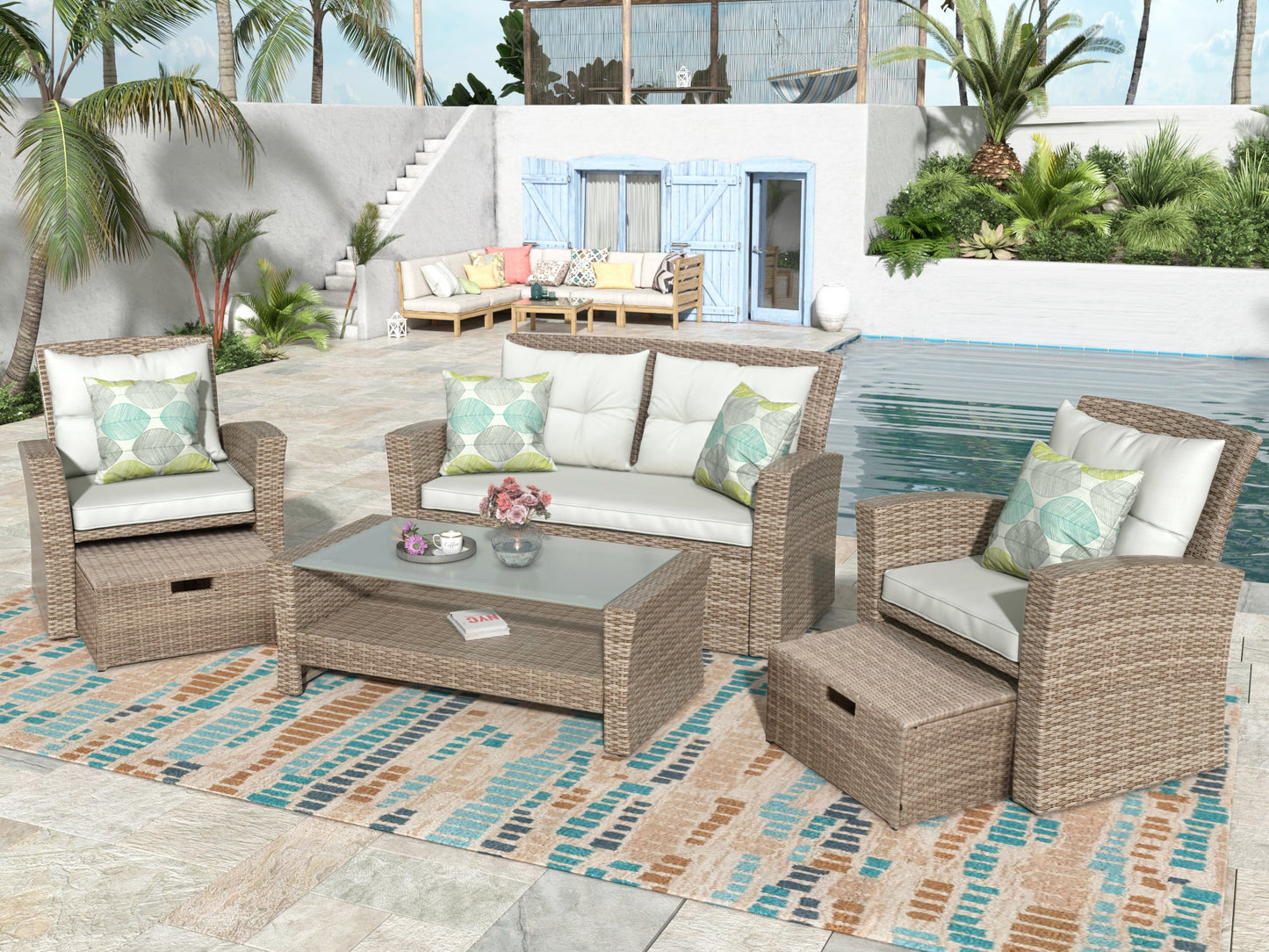 4 Piece Outdoor Conversation Set All Weather Wicker Sectional Sofa with Ottoman and Cushions - Divine Heart L.A.