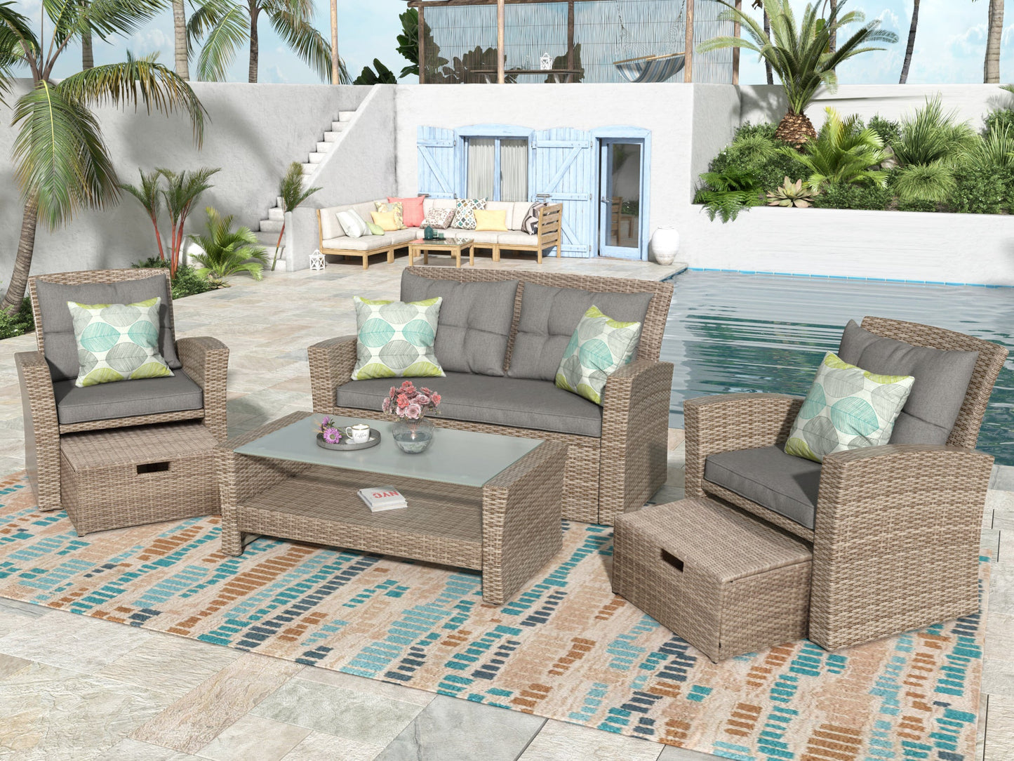 4 Piece Outdoor Conversation Set All Weather Wicker Sectional Sofa with Ottoman and Cushions - Divine Heart L.A.