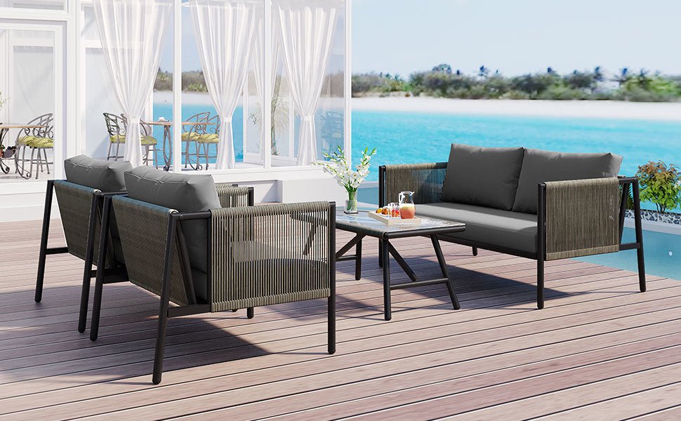 4-Piece Rope Sofa Set with Thick Cushions and Toughened Glass Table, All-Weather Patio Furniture Set For 4 Person With Loveseat - Divine Heart L.A.